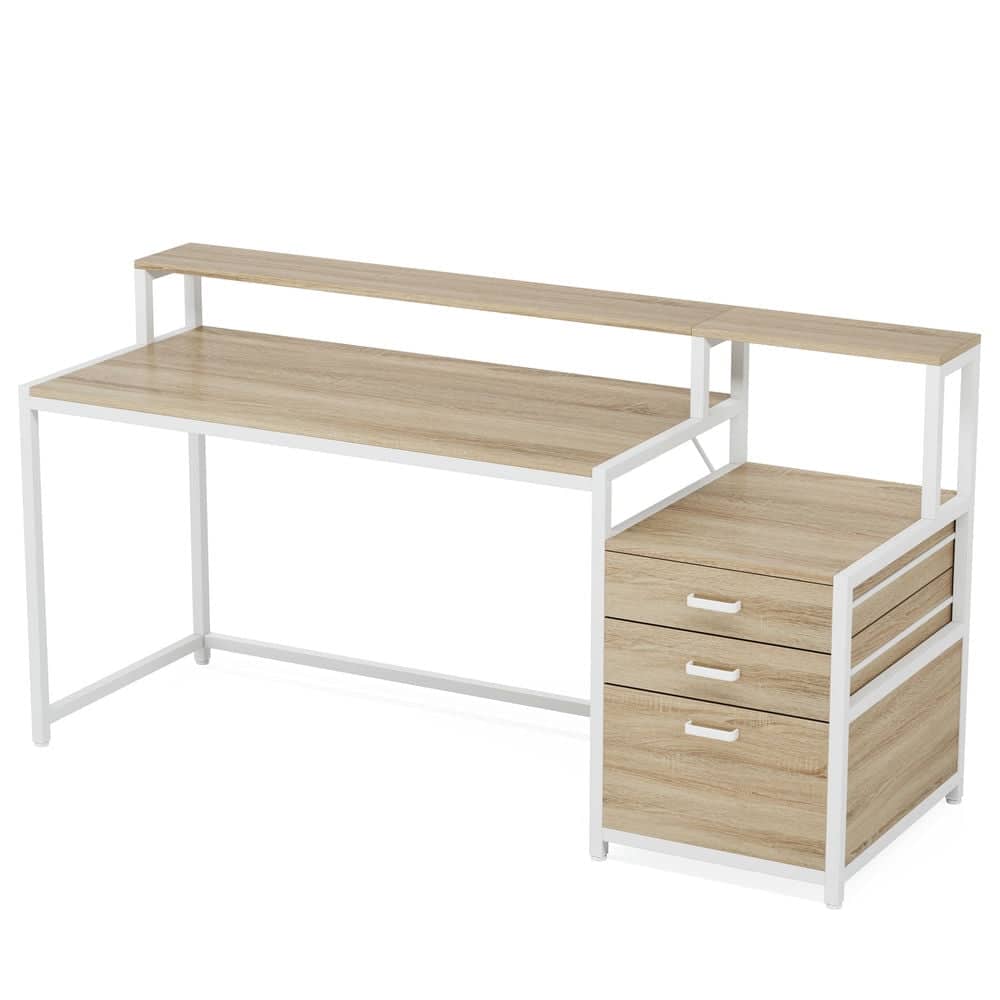 Resenkos - Kadyn Study Writing Desk,63" Computer Desk, Ergonomic Office Desk with Drawers & Monitor Stand,Natural & White - Beige