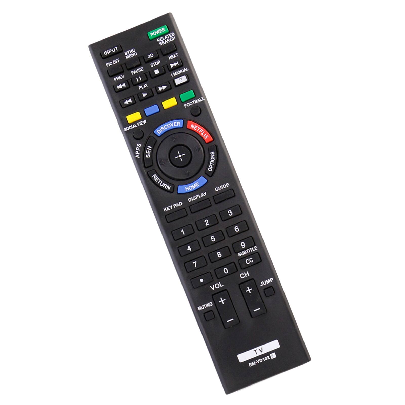 POWER REL SEARCH INPUT SYNC MENU 3D NEXT PIC OFF STOP PAUSE I-MANUAL PREV 1 ? H4 PLAY H FOOTBALL VIEW SOCIAL DISCOVER NETFLIX APPS SEN OPTIONS RETURN HOME: GUIDE DISPLAY KEY PAD 3 2 1 6 5 4 9 8 SUBTITLE 7 CC 0 CH VOL JUMP + + MUTING - - TV RM-YD102