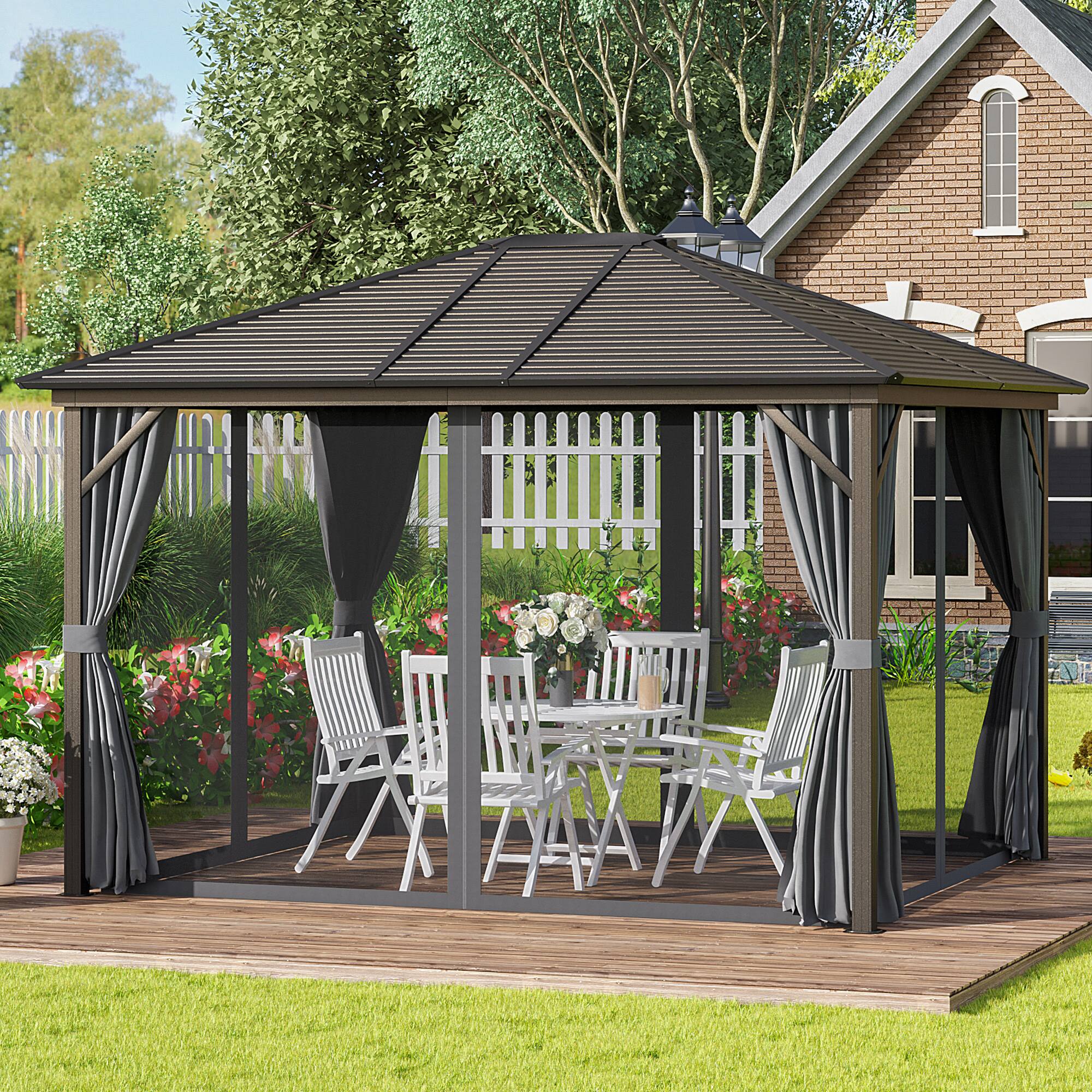 Alt View 1. Outsunny - 10' x 12' Hardtop Gazebo with Curtains and Netting, Permanent Pavilion Metal Single Roof Gazebo Canopy - Dark Gray.