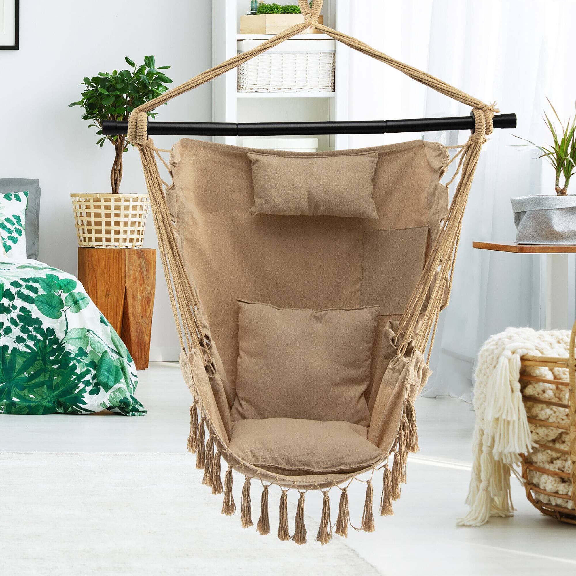 Alt View 3. Gymax - Gymax Hammock Chair w/ Soft Pillow Cushions Pocket Hanging Rope Swing Steel Bar Beige - Beige.