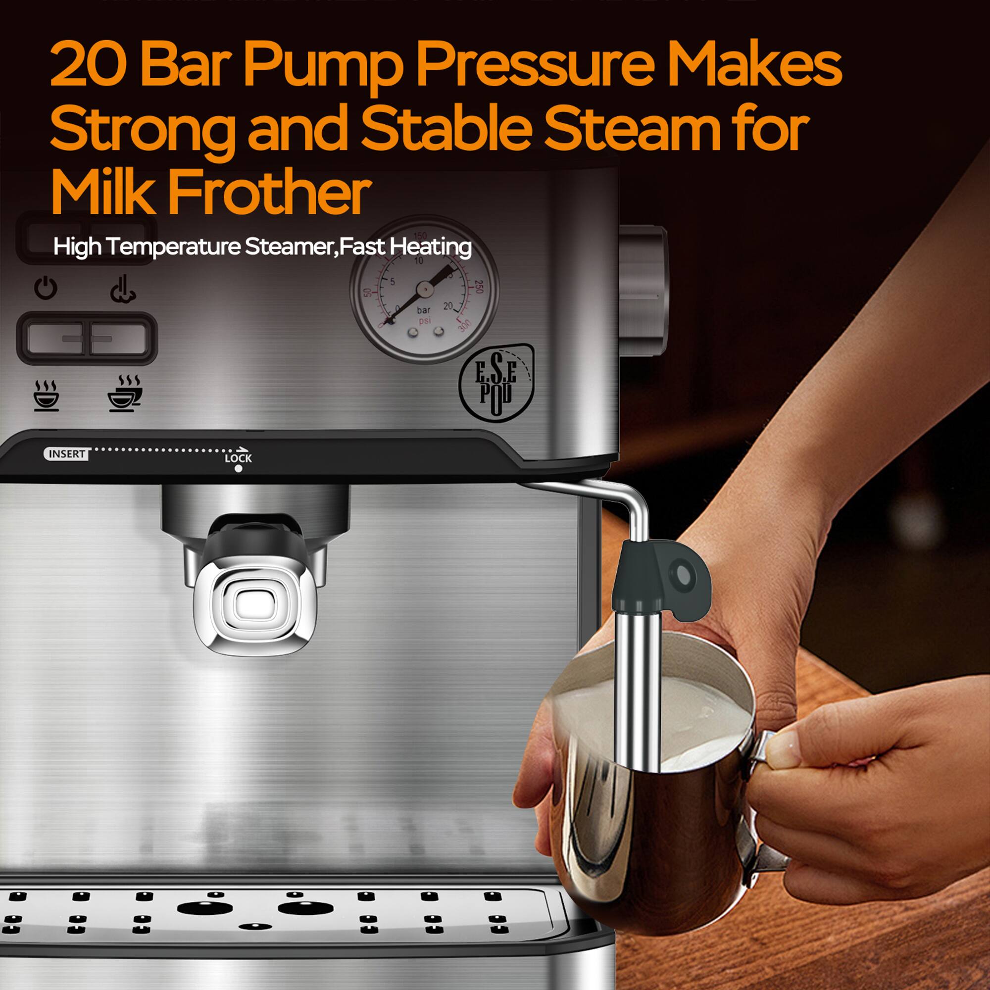 20 Bar Pump Pressure Makes Strong and Stable Steam for Milk Frother  
High Temperature Steamer, Fast Heating