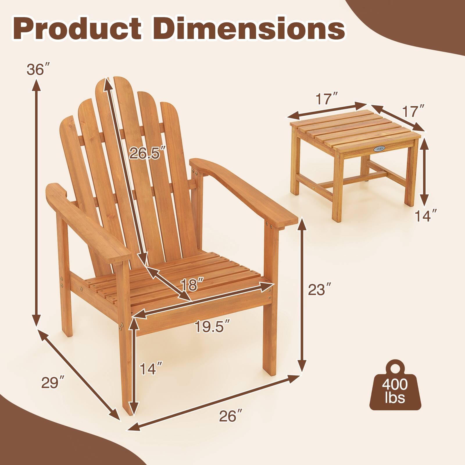 Product Dimensions: 36" x 17" x 17" x 26.5" x 14" x 18" x 23" x 19.5" x 29" x 14" x 26"  
Weight Capacity: 400 lbs