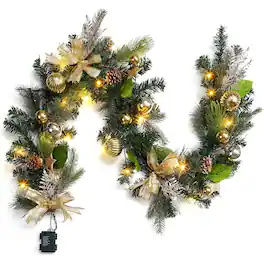 PARKER SLATER - 6FT Pre-Lit Christmas Garland with 20 LED Lights, Ribbon & Ornaments - Gold