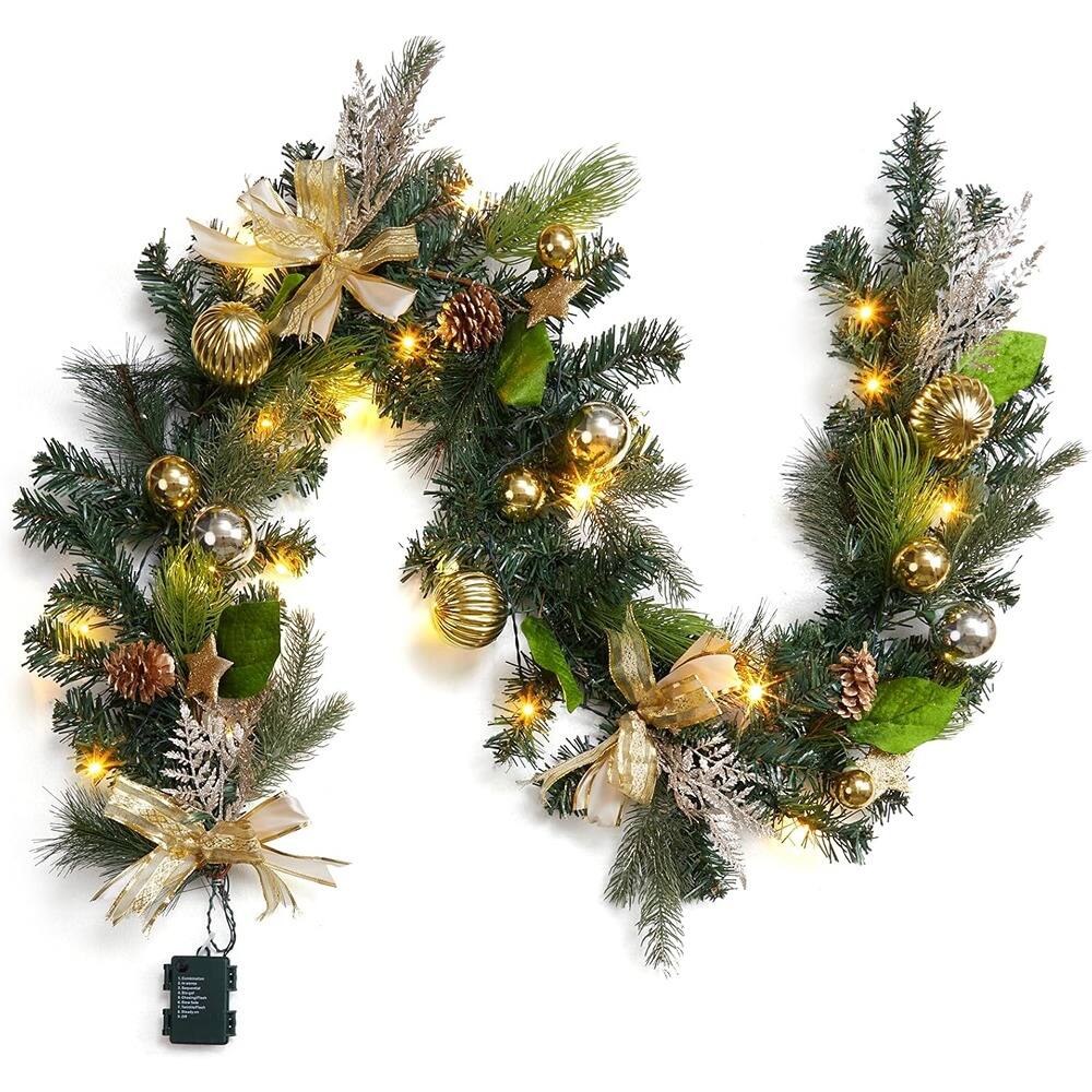Front. PARKER SLATER - 6FT Pre-Lit Christmas Garland with 20 LED Lights, Gold Ribbon & Ornaments - Gold.