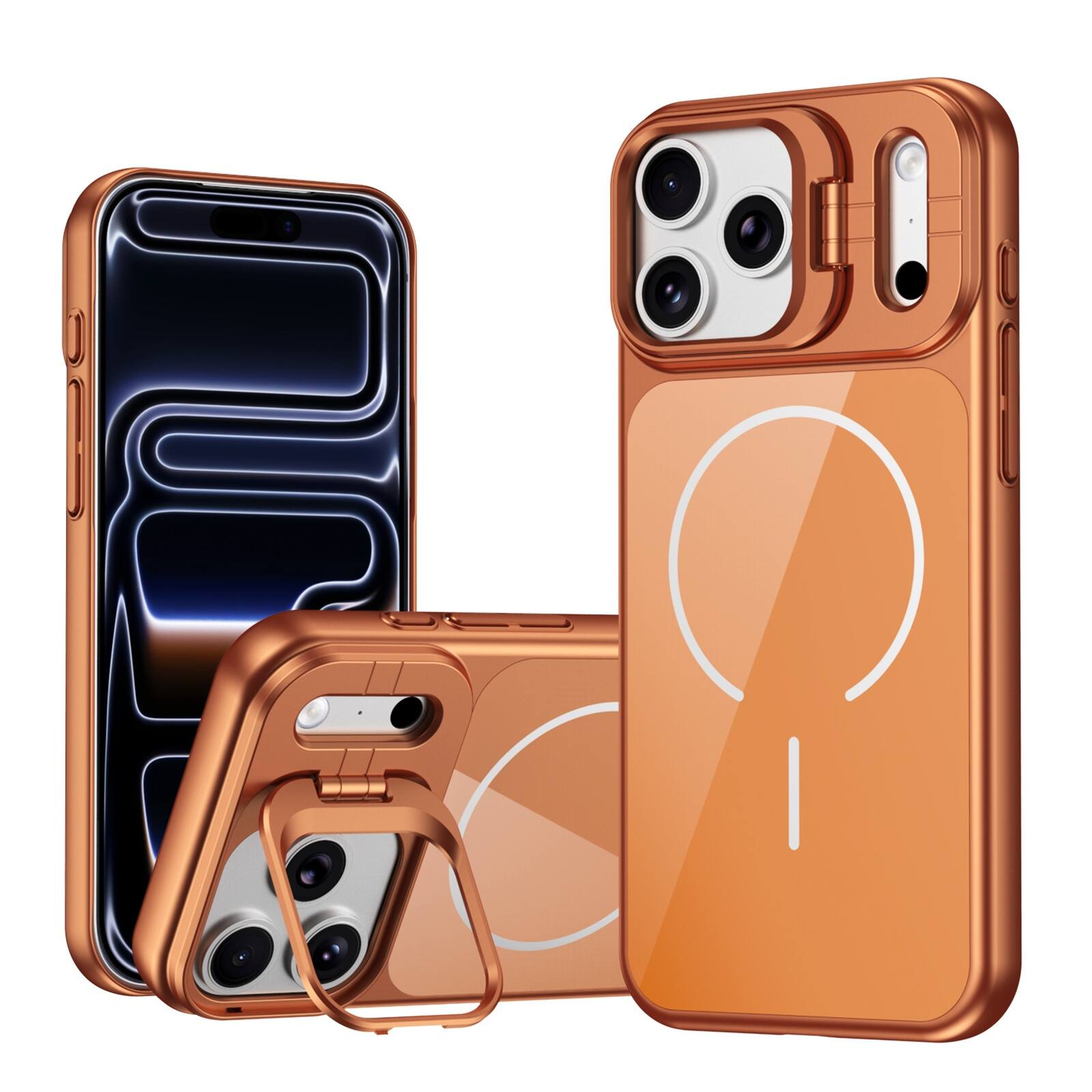 Angle. Dteck - Magnetic Case for Apple iPhone 17 Pro with Camera Lens Kickstand, Rugged Drop Proof Rigid Plastic + Glass Back Cover - Orange.