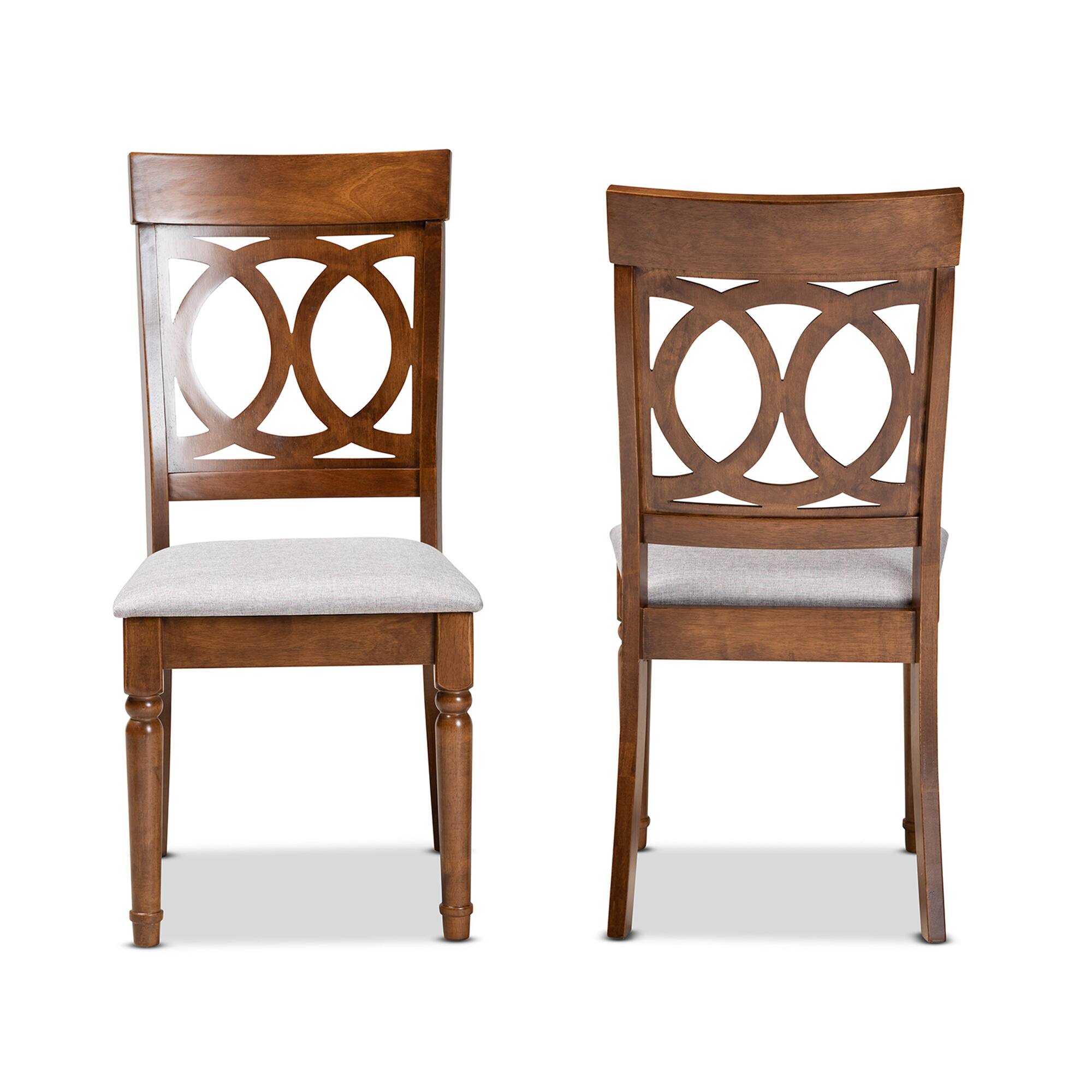 Angle. Baxton Studio - Lucie Modern Fabric Upholstered and Finished Wood 2-Piece Dining Chair Set - Grey/Walnut Brown.
