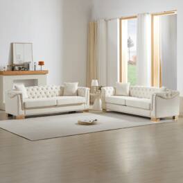 Trinkets Crazed - 2 Pieces Living Room Sofa, Chesterfield Classic 3 Seater Sofa, Mid Century Modern Velvet Cloud SofaS Couches - Beige