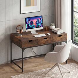 WELLFOR - 43.5" Computer Desk with Power Outlets & Drawers,Study & Writing Desk with Metal Frame for Home Office - Rustic Brown
