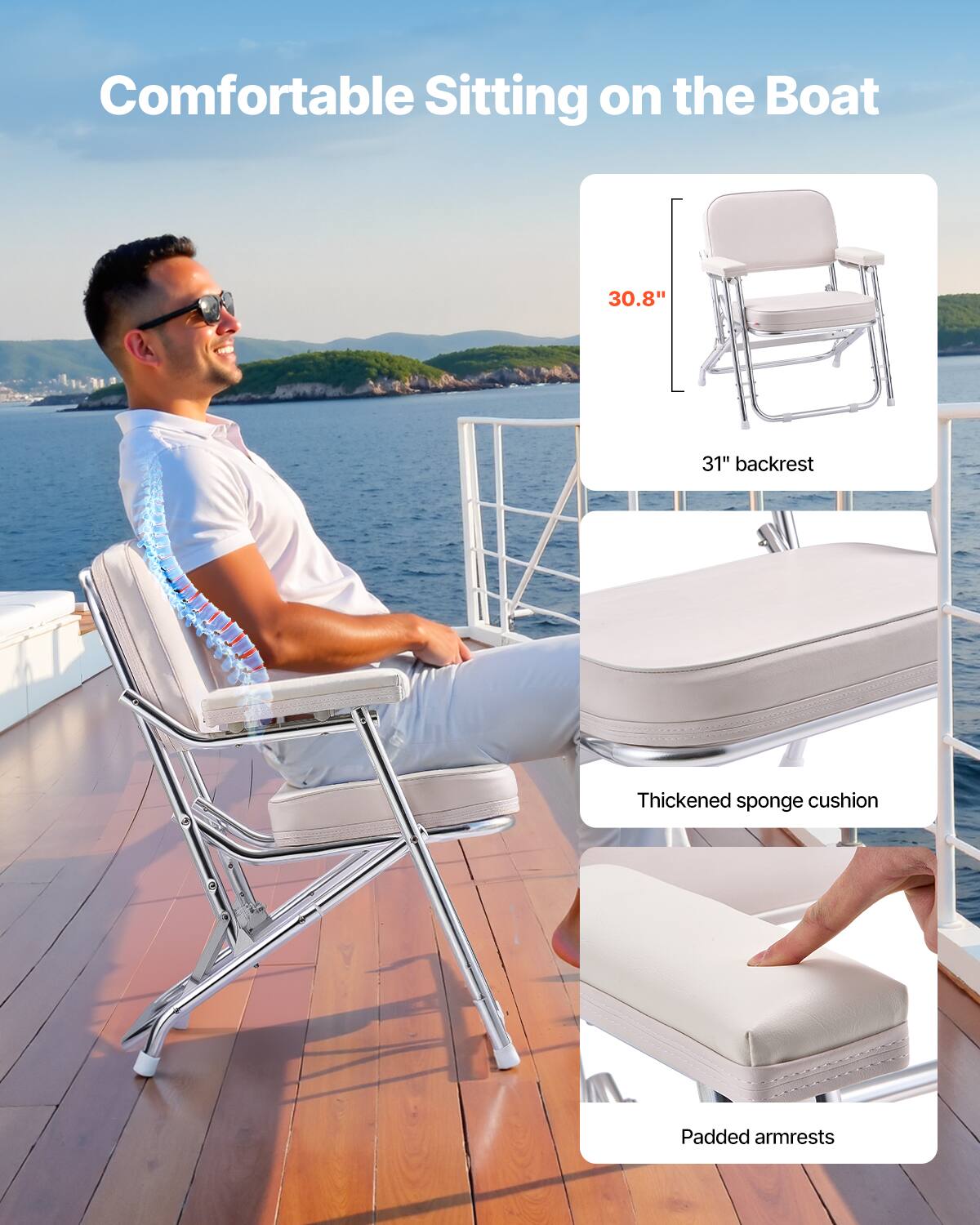Comfortable Sitting on the Boat
30.8"
31" backrest
Thickened sponge cushion
Padded armrests