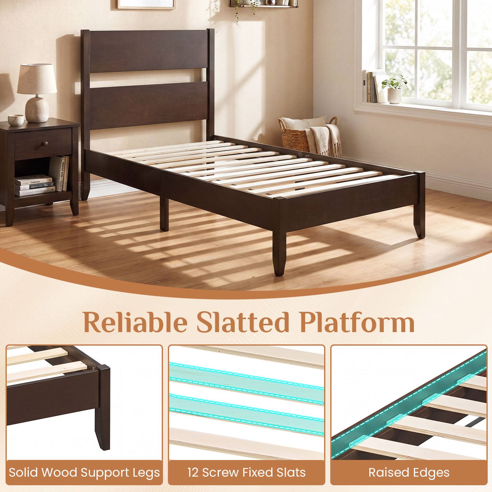 Reliable Slatted Platform

Solid Wood Support Legs

12 Screw Fixed Slats

Raised Edges