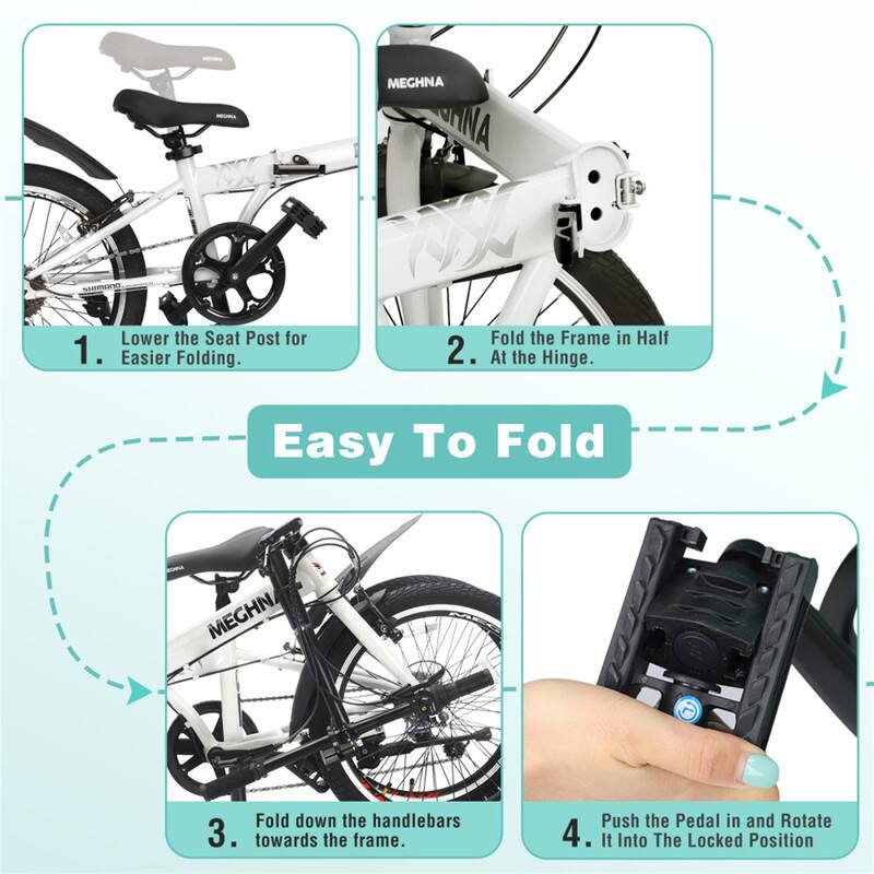 Easy To Fold

1. Lower the Seat Post for Easier Folding.
2. Fold the Frame in Half At the Hinge.
3. Fold down the handlebars towards the frame.
4. Push the Pedal in and Rotate It Into The Locked Position