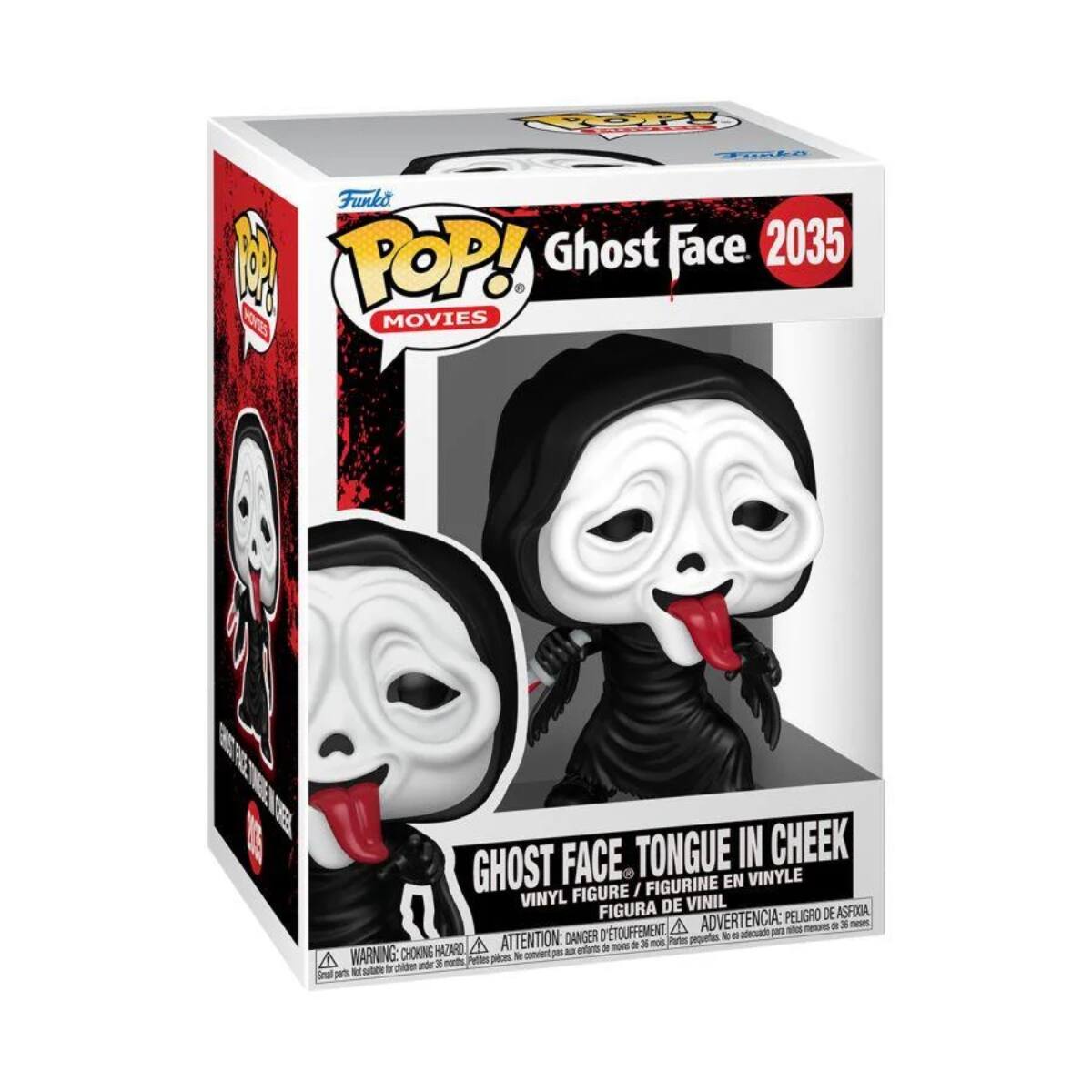 Funko POP! Movies  
Ghost Face 2035  
Ghost Face Tongue in Cheek  
Vinyl Figure / Figurine en Vinyle / Figura de Vinil  

Advertencia: Peligro de Asfixia - D'Touffement à partir de - Attention: Danger de suffocation - Warning: Choking Hazard - Avertissement: Danger de suffocation  

Small parts. Not for children under 3 years.