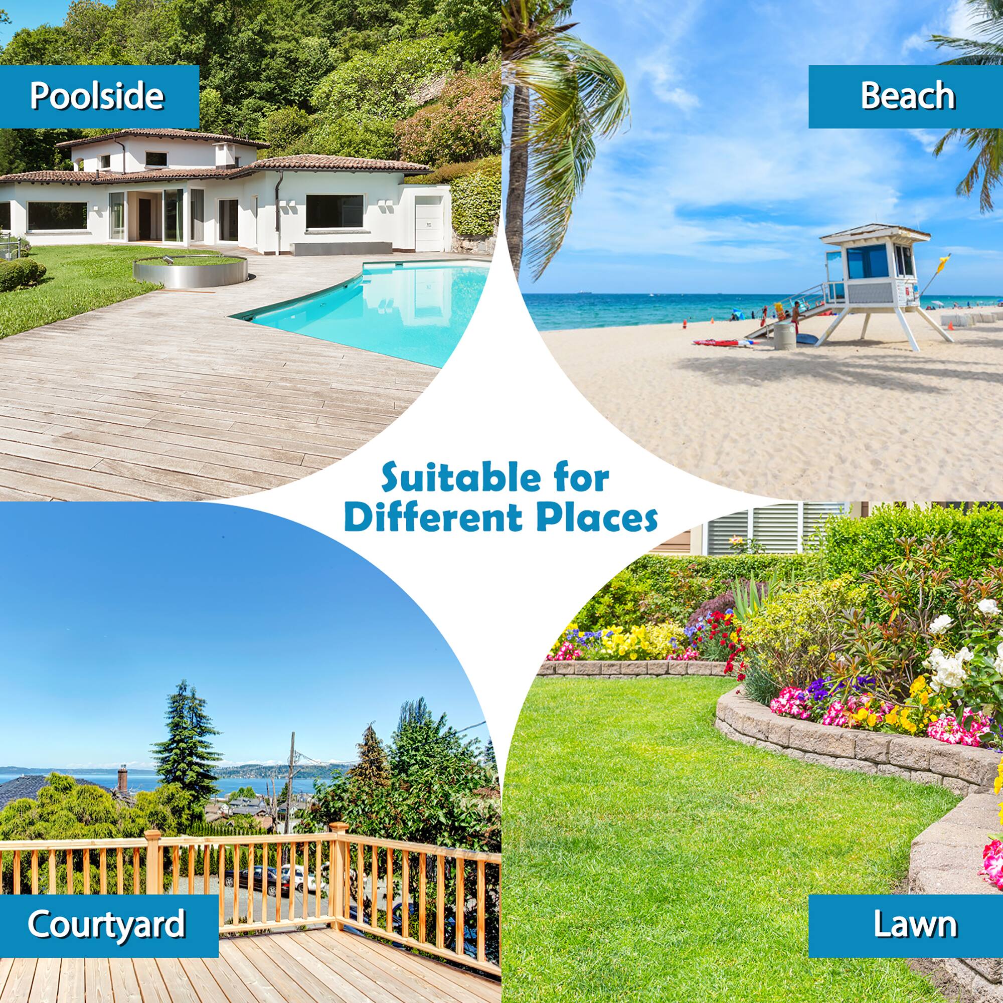 Poolside, Beach, Courtyard, Lawn, Suitable for Different Places