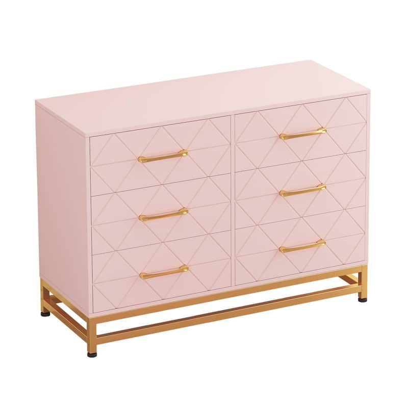 Acekool - 6 Drawer Dresser TV Stand, Modern Storage Chest, Large Wooden Drawers for Bedroom, Hallway, Entryway - Pink