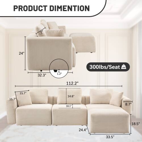 PRODUCT DIMENSION

- Width: 112.2"
- Depth: 33.5"
- Height: 32.3"
- Seat Height: 18.1"
- Seat Depth: 24.4"
- Arm Height: 18.5"
- Arm Width: 15.7"
- Back Height: 30.7"
- Back Width: 15.7"
- Weight Capacity: 300 lbs/Seat