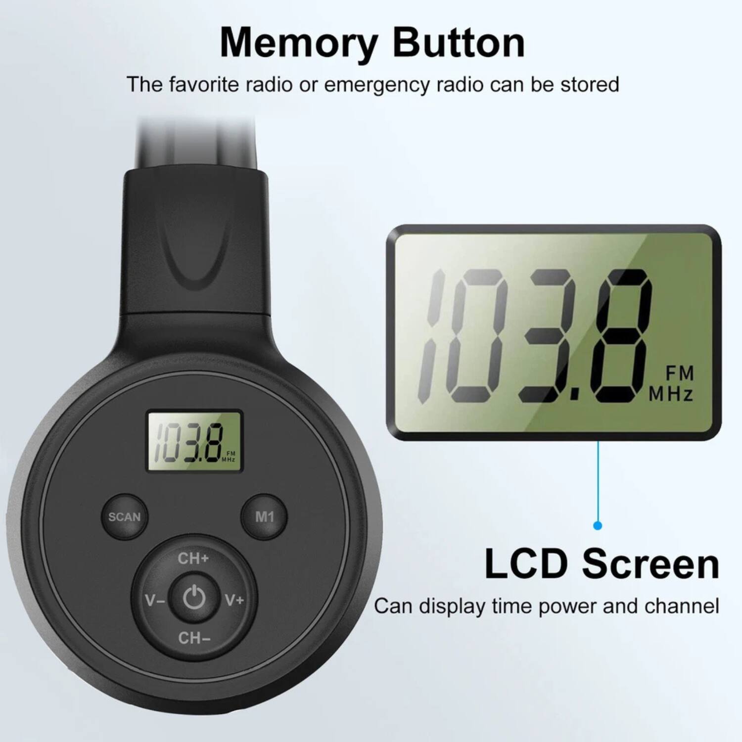 Memory Button  
The favorite radio or emergency radio can be stored  

LCD Screen  
Can display time, power, and channel