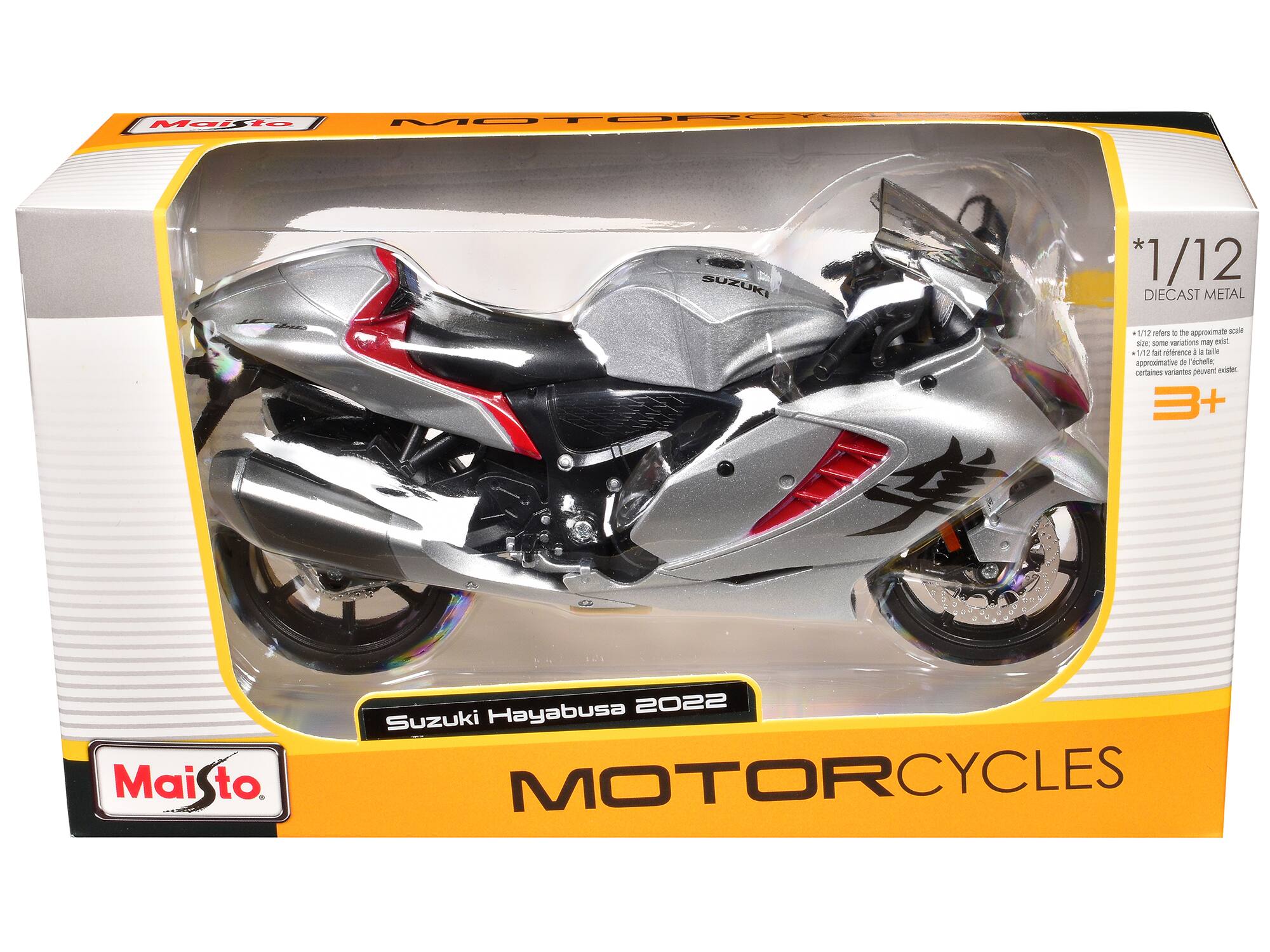Maisto  
Suzuki Hayabusa 2022  
MOTORCYCLES  

1/12  
DIECAST METAL  

* 1/12 refers to the approximate scale  
* 1/12 fait référence à la taille approximative de l'échelle.  
* Certaines variantes peuvent exister.  

3+