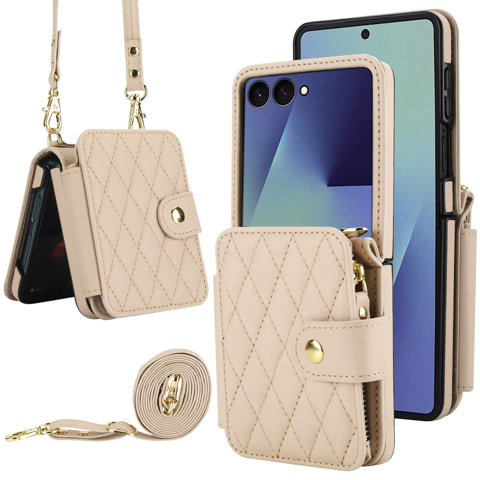 Dteck - Crossbody Quilted PU Leather Wallet Case for Samsung Galaxy Z Flip7,Shock-absorbent RFID Card Pocket Back Cover+Strap - White price history on PriceWatchPro