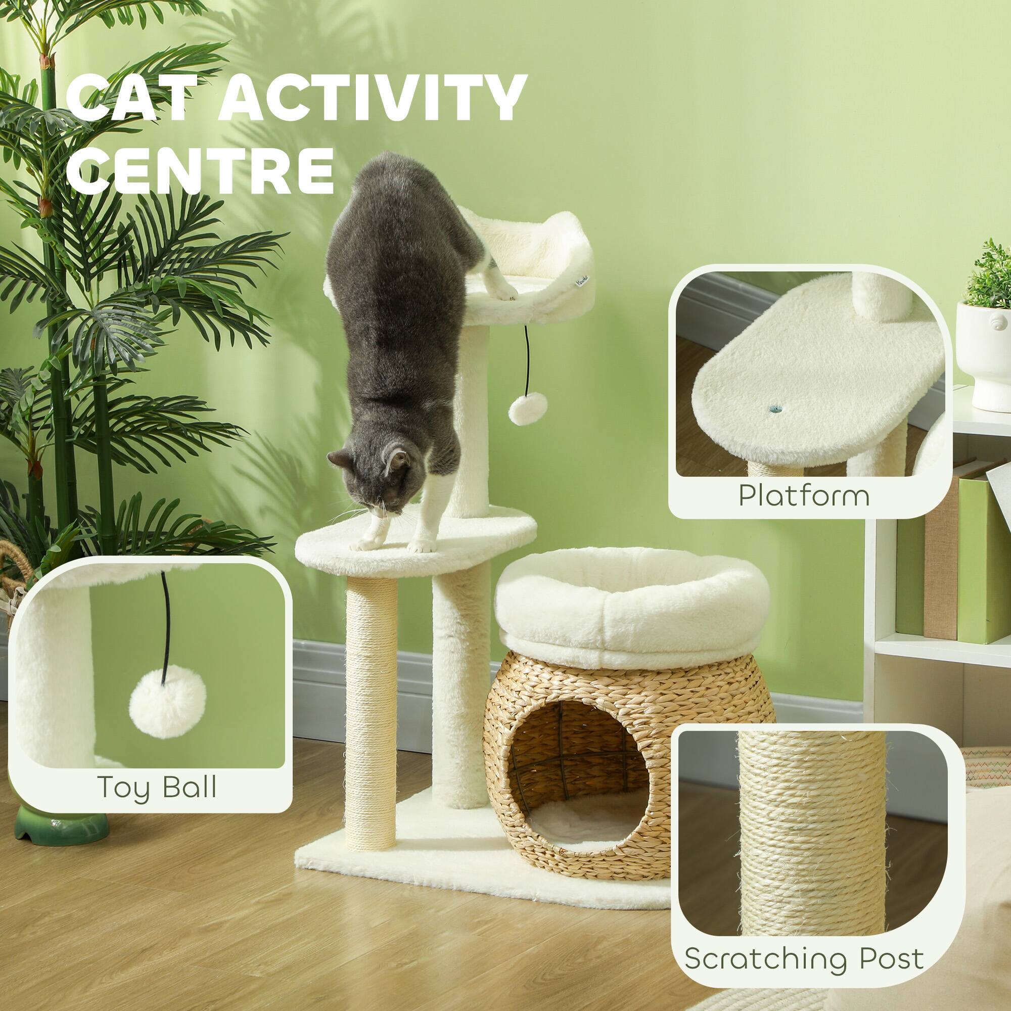 Back. Pawhut - 31" Cat Tree Tower for Indoor Cats, with Sisal Scratching Posts, Condo, Beds, Platform, Toy Ball, Activity Center - Cream White.
