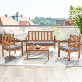 Mondawe - 47.5 x 24 x 31 IN Freestanding Acacia Wood Sofa Set with Loveseat, 2 Chairs & Table 4-Piece - Natural+Gray