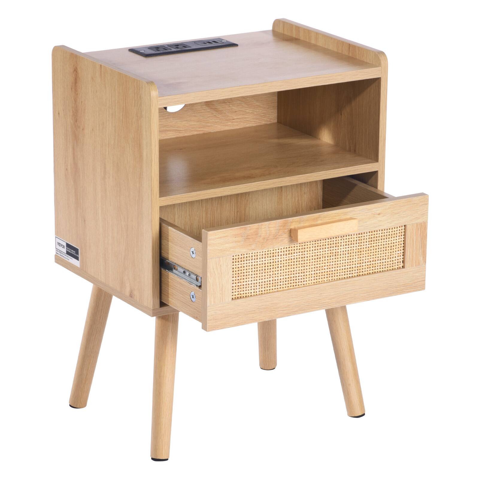 Alt View 5. VEVOR - Rattan Nightstand, Boho Bedside Table with Drawer Open Shelf, Rattan End Table Wooden Nightstand with Solid Wood Legs - Wooden.