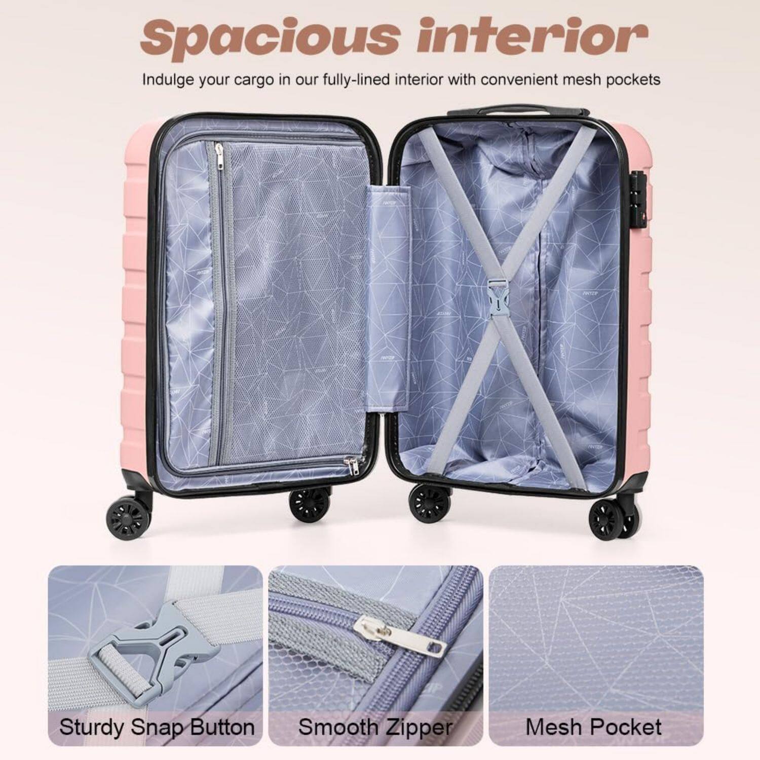 Spacious interior  
Indulge your cargo in our fully-lined interior with convenient mesh pockets  

Sturdy Snap Button  
Smooth Zipper  
Mesh Pocket