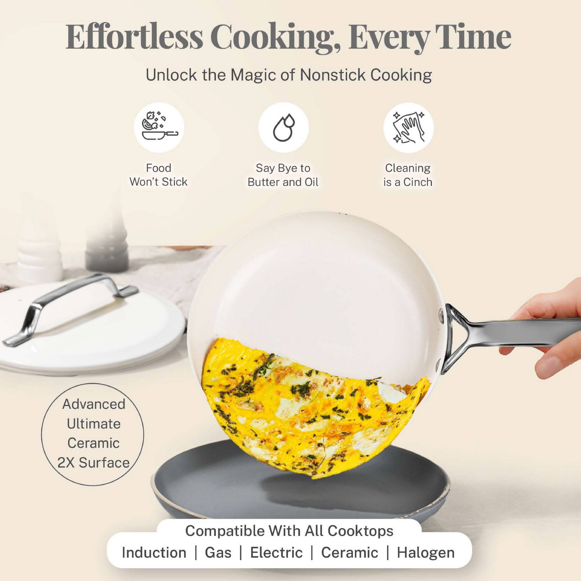 Effortless Cooking, Every Time
Unlock the Magic of Nonstick Cooking
Food Won't Stick
Say Bye to Butter and Oil
Cleaning is a Cinch
Advanced Ultimate Ceramic 2X Surface
Compatible With All Cooktops
Induction | Gas | Electric | Ceramic | Halogen