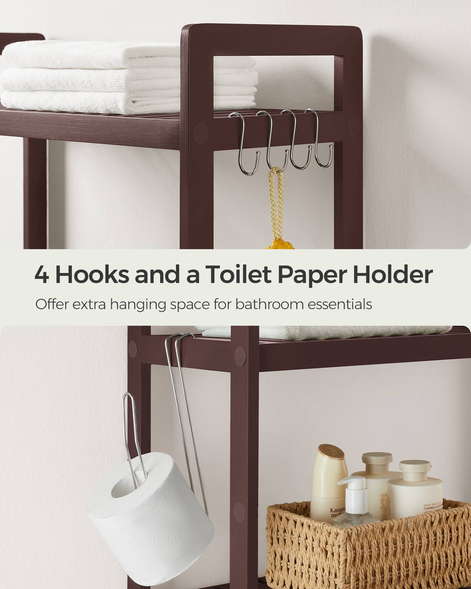 4 Hooks and a Toilet Paper Holder  
Offer extra hanging space for bathroom essentials