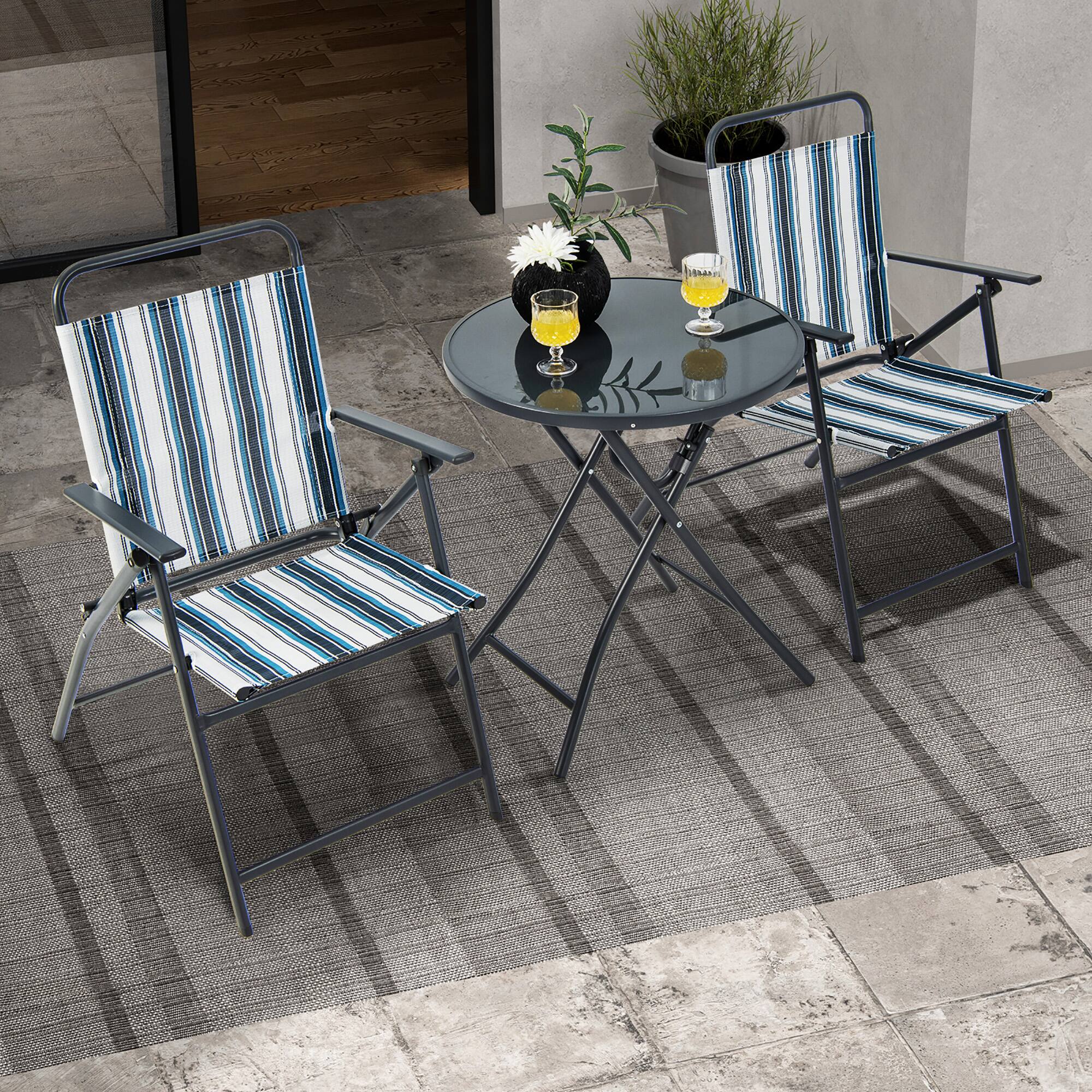 Alt View 5. Gymax - Gymax 3 Pieces Patio Folding Chair Set w/ 2 Chairs & Glass Round Coffee Table Porch Deck Backyard - Black, Blue, White.