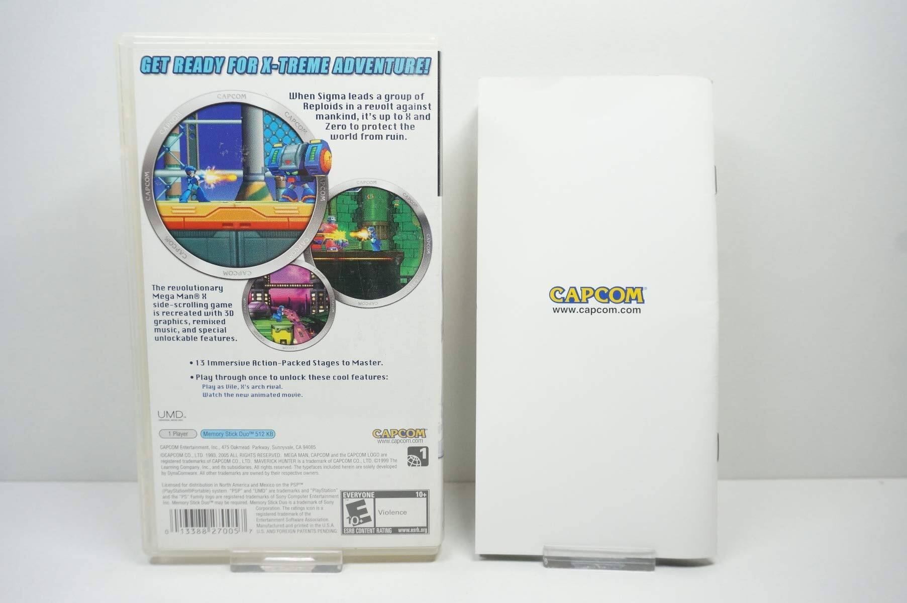 **GET READY FOR X-TREME ADVENTURE!**

When Sigma leads a group of Reploids in a revolt against mankind, it's up to X and Zero to protect the world from ruin.

The revolutionary Mega Man X side-scrolling game is recreated with 3D graphics, remixed music, and special unlockable features.

- 13 Immersive Action-Packed Stages to Master.
- Play through once to unlock these cool features:
  - Play as Dite, K's arch rival.
  - Watch the new animated movie.

**CAPCOM**
www.capcom.com

**UMD Player Memory Stick Duo 512 KB**

CAPCOM Entertainment - 475 Oakmead Parkway, Sunnyvale, CA 94085

CAPCOM © 1990, 1998, 2005 CAPCOM CO., LTD. ALL RIGHTS RESERVED. MEGA MAN X and the CAPCOM LOGO are the registered trademarks of CAPCOM CO., LTD. The Learning Company, Inc. and subsidiaries. All rights reserved. The typetaces included herein are solely developed by The Learning Company, Inc. and subsidiaries. Licensed for distribution in North America by The Learning Company, Inc.