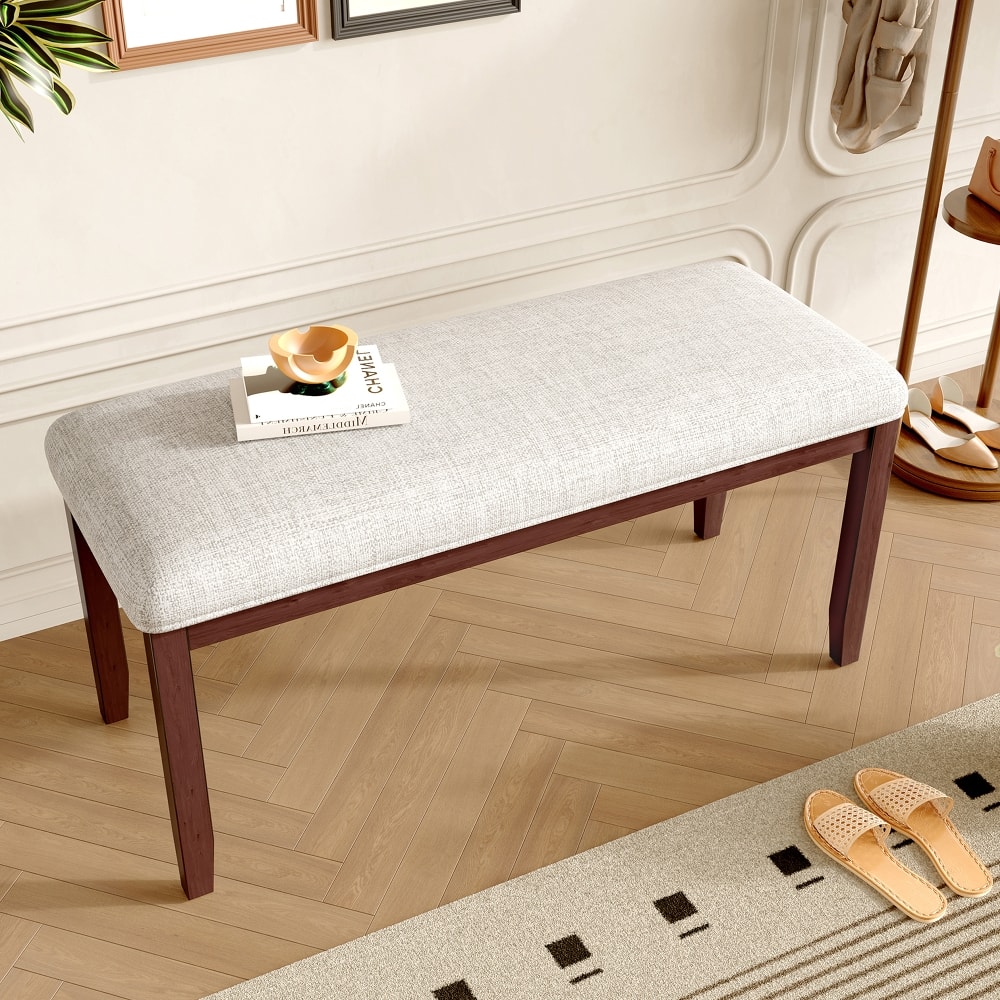 Ropilly - Upholstered Entryway Bench Mid-Century Modern End of Bed Bench with Solid Wood Legs - Beige