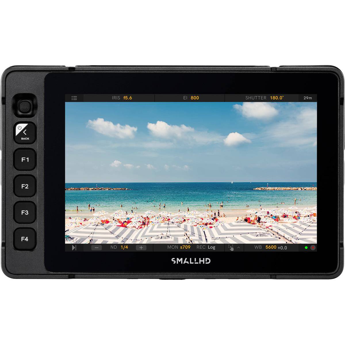 IRIS f5.6  
EI 800  
SHUTTER 180.0  
29m  
BACK  
F1  
F2  
F3 F4  
ND 1/4  
MON s709  
REC Log  
WB 5600 +0.0  
SMALLHD