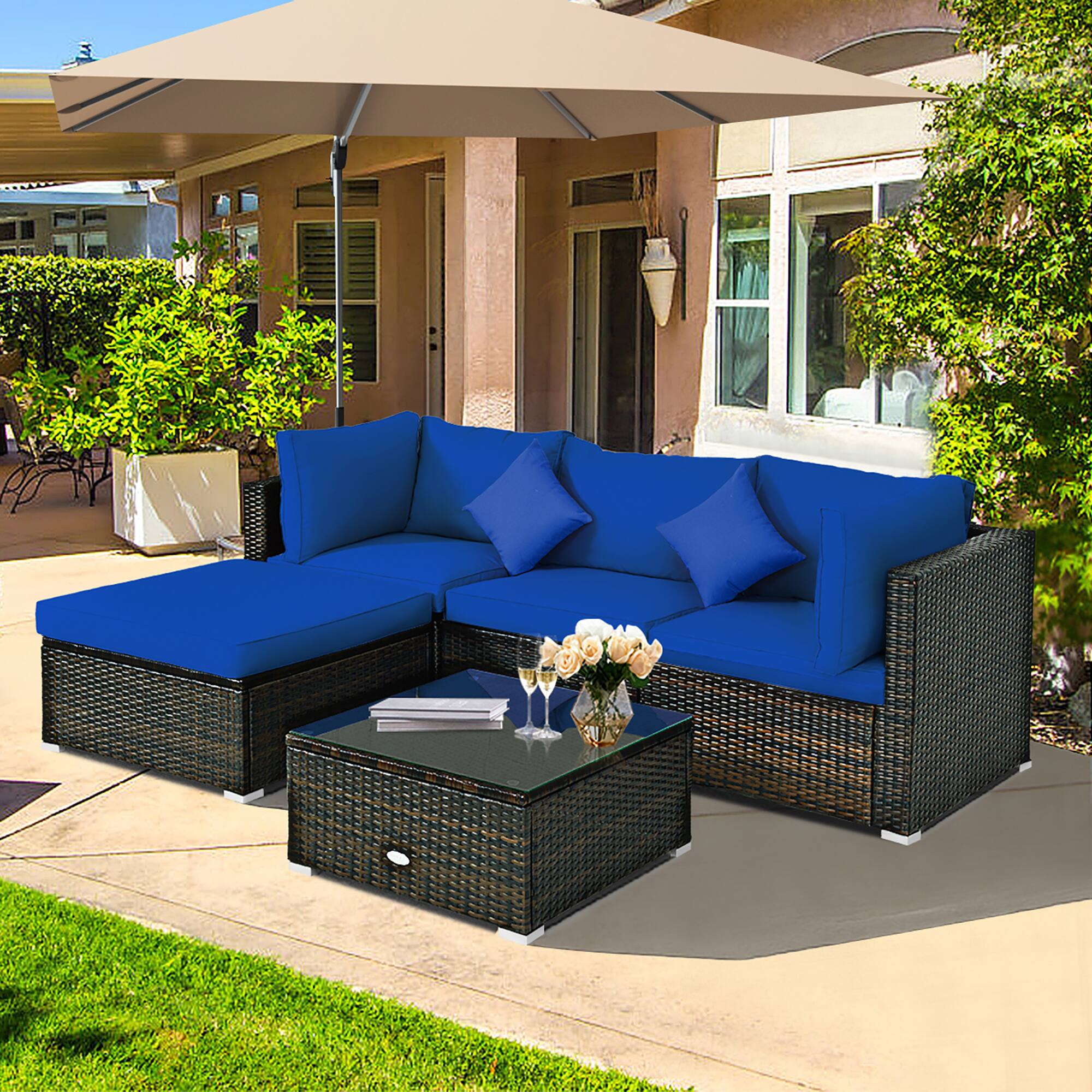 Alt View 2. Costway - Costway 5PCS Outdoor Patio Rattan Furniture Set Sectional Conversation W/Navy Cushions - Navy.