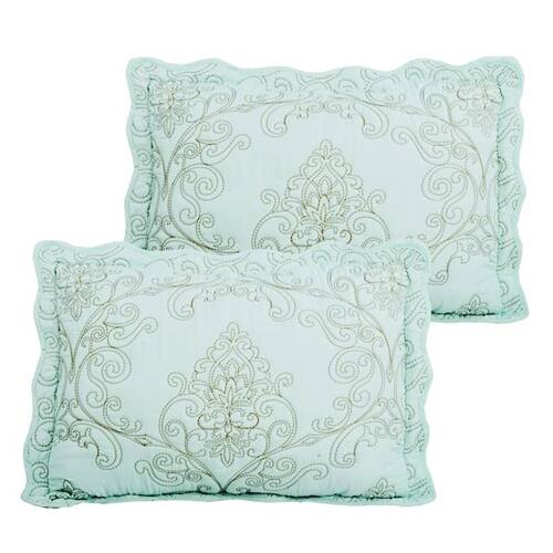 Left. Hivvago - Queen size Light Blue Damask Embroidered 4 Piece Oversized Bedspread Set - Light Blue.
