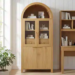 Loheer - Arched Pantry Cabinet, Tall Pantry Cabinet with Glass Doors, Drawer, Adjustable Shelves, Fluted Storage - Oak