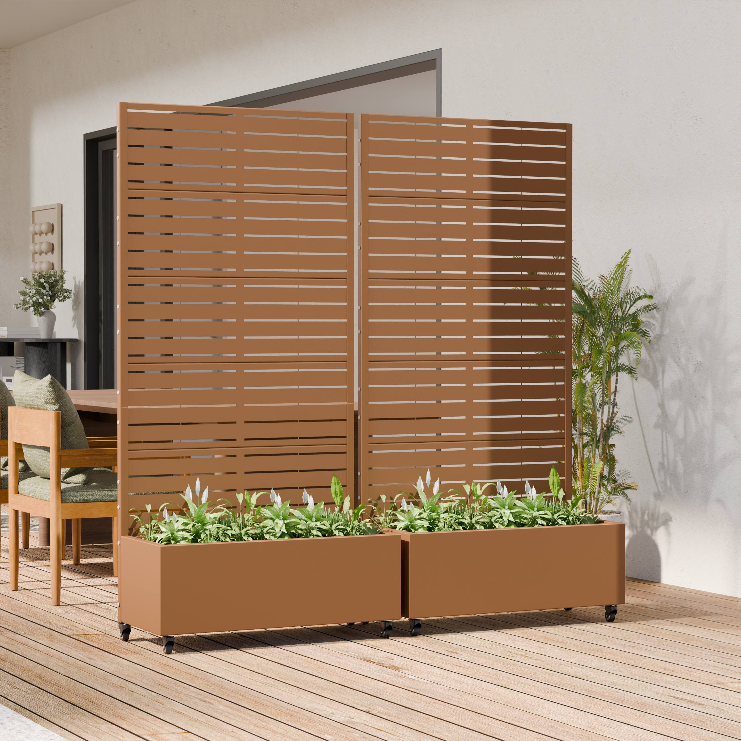 Front. PexFix - 2Pcs Outdoor Metal Planter Box with Privacy Screen Freestanding Fence Planter Modular Raised Garden Bed with Trellis - Brown.