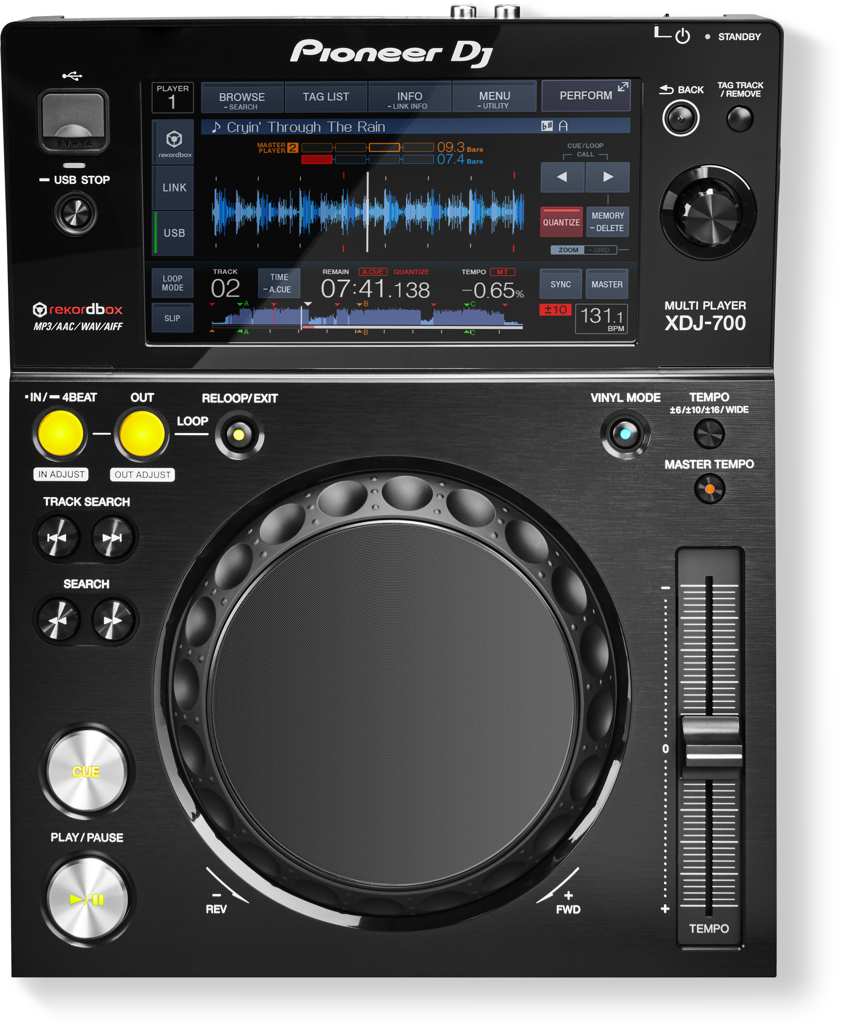 Sure, here is the corrected and grouped text from the image:

---

**Pioneer DJ**

**XDJ-700**

**PLAYER 1**

- **BROWSE**
  - SEARCH

- **TAG LIST**

- **INFO**
  - LINK

- **MENU**
  - UTILITY

- **PERFORM**

- **LINK**

- **USB STOP**

- **USB**

- **LOOP MODE**

- **SLIP**

- **TRACK 02**

- **TIME A-CUE**

- **REMAIN 07:41.138**

- **A-CUE**

- **QUANTIZE**

- **MEMORY DELETE**

- **ZOOM GRID**

- **SYNC**

- **MASTER 131.1 BPM**

- **+10**

- **-0.65%**

- **09.3 Bars**

- **07.4 Bars**

- **CUE/LOOP CALL**

- **VINYL MODE**

- **TEMPO**

  - +6/10/16/WIDE

- **MASTER TEMPO**

- **IN/4BEAT**

- **OUT**

- **RELOOP/EXIT**

- **LOOP**

- **IN ADJUST