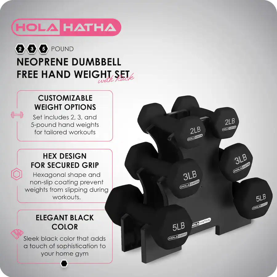 Studio Barbell Set Rack HolaHatha 2, 3, and 5 Pound Neoprene Dumbbell Free Hand Weight Set w ...
