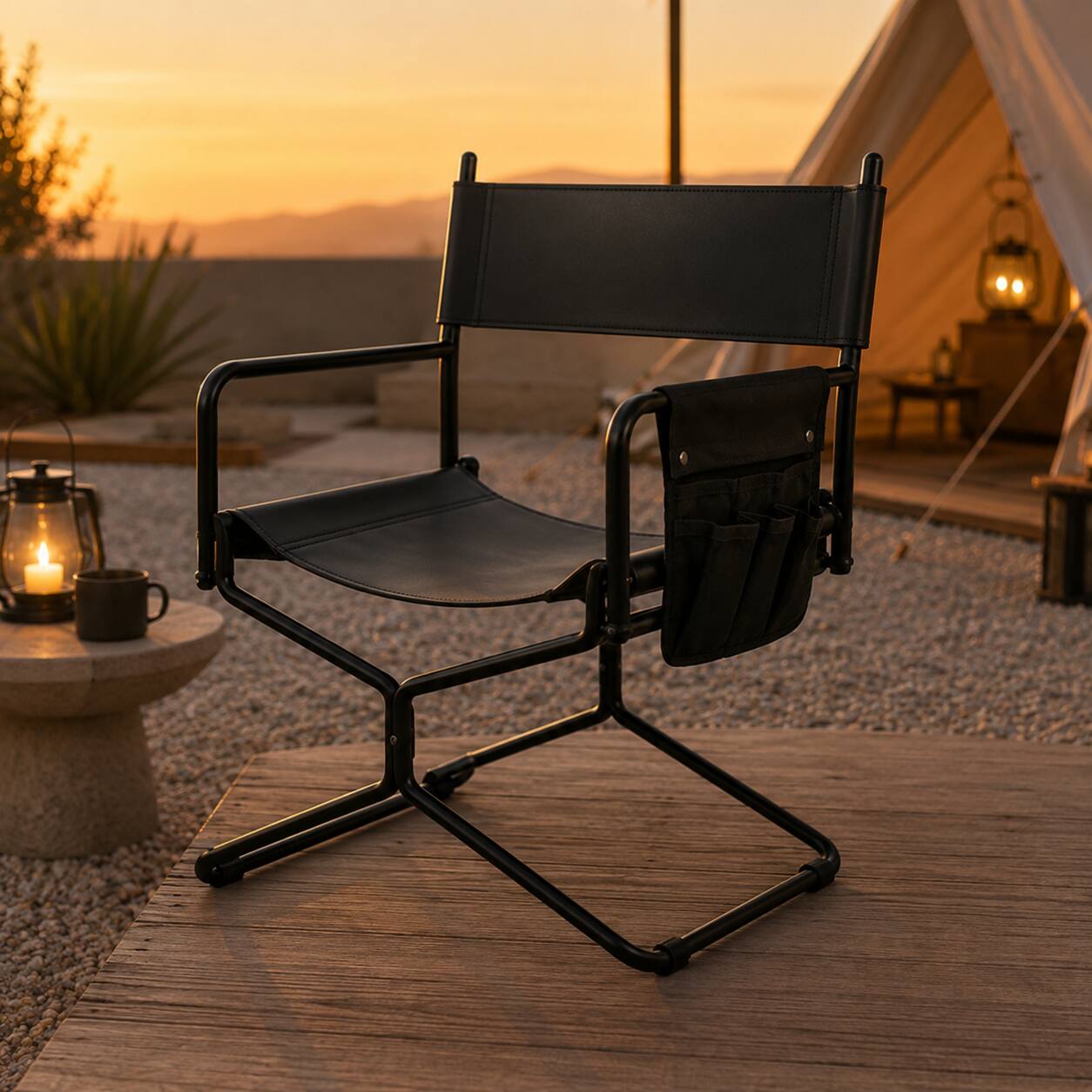 Angle. Anysun - 21" Leather Heavy Duty Folding Camping Chair for Adults – Portable Outdoor Seat for Lawn, Fishing, Courtyard & Daily Use - Black.