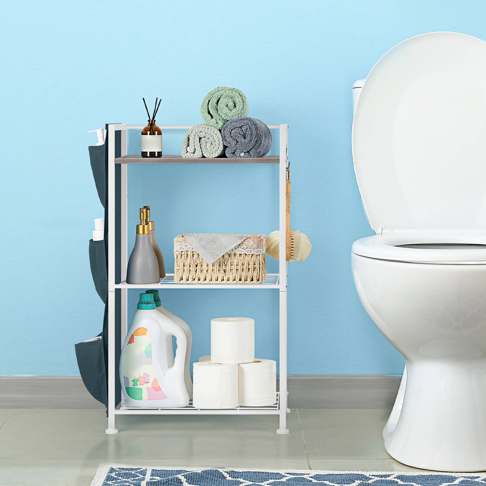 Alt View 3. Oumilen - 3-Tier Bathroom Storage Shelf with Fabric Side Pockets, Gray Wood Top - Gray.