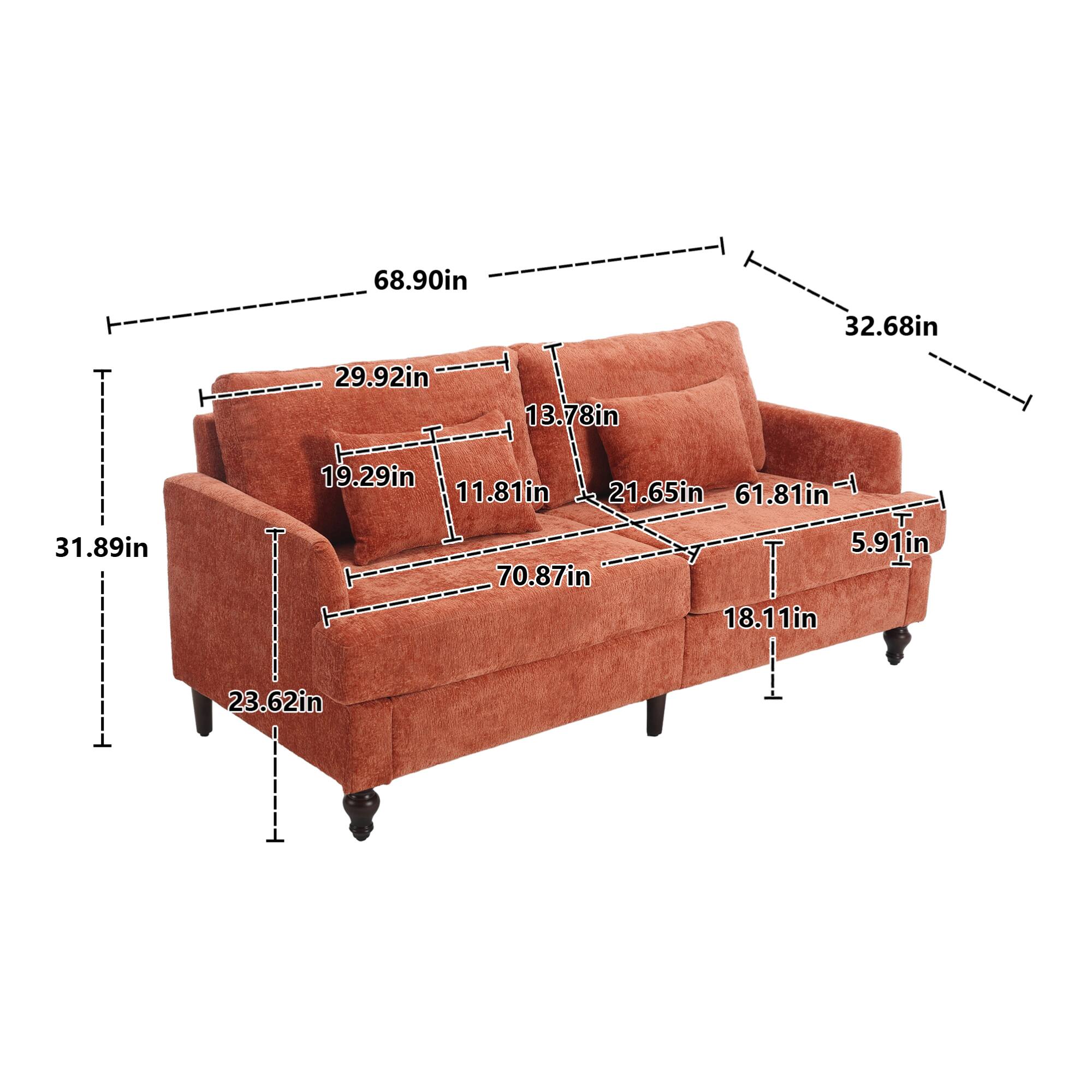 Sure, here are the corrected measurements grouped by their positions on the sofa:

- **Overall Dimensions:**
  - Length: 68.90 in
  - Width: 32.68 in

- **Seat Dimensions:**
  - Depth: 29.92 in
  - Height: 19.29 in
  - Width: 70.87 in

- **Backrest Dimensions:**
  - Height: 31.89 in
  - Width: 61.81 in

- **Armrest Dimensions:**
  - Height: 13.78 in
  - Width: 21.65 in

- **Cushion Dimensions:**
  - Depth: 11.81 in
  - Width: 18.11 in

- **Leg Dimensions:**
  - Height: 5.91 in
  - Width: 23.62 in

- **Additional Dimensions:**
  - 13.78 in (possibly the height of the backrest from the seat)
  - 29.92 in (possibly the depth of the backrest)
 