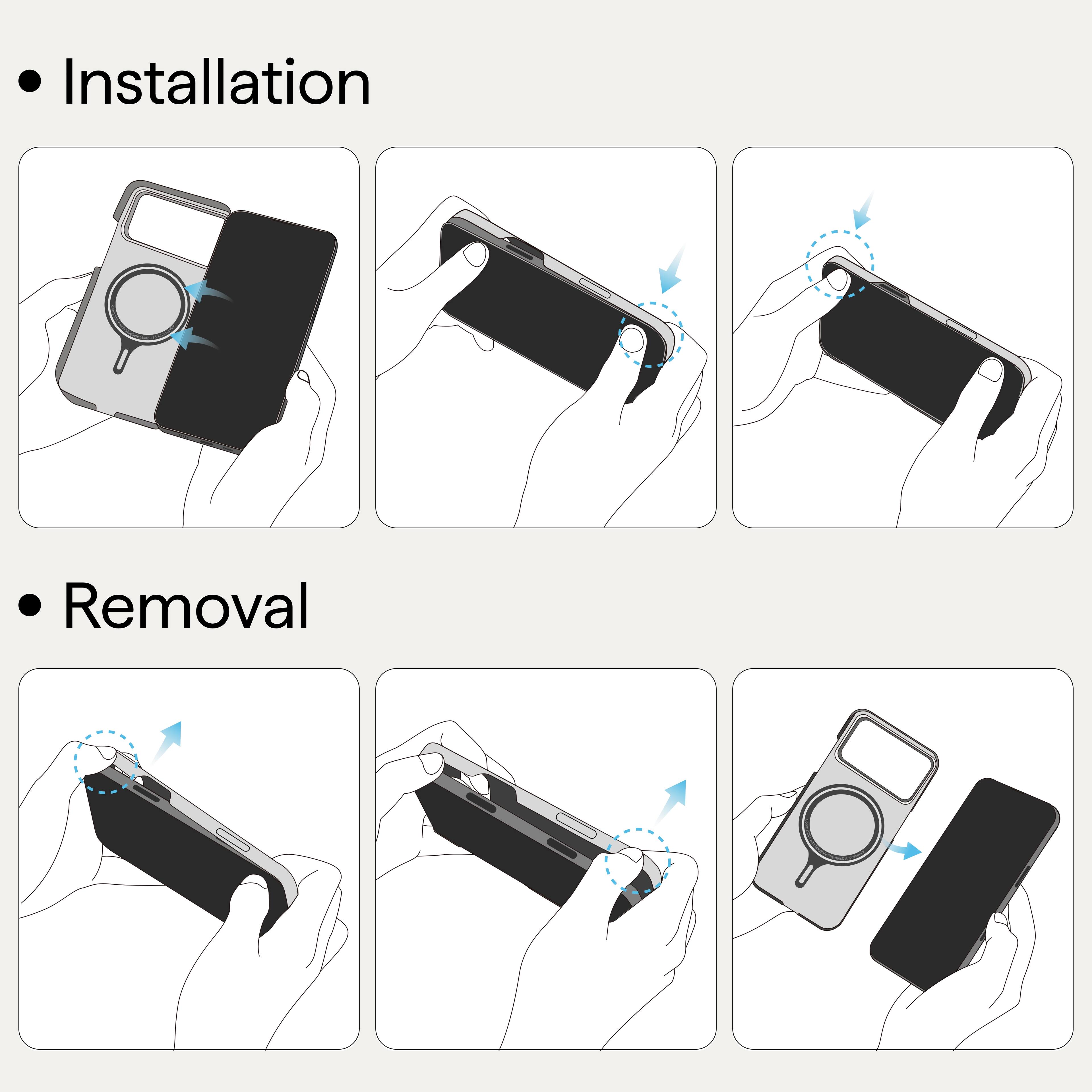 Installation

- Place the case on the phone.
- Align the buttons.
- Press the case onto the phone.

Removal

- Press the release buttons.
- Slide the case off the phone.