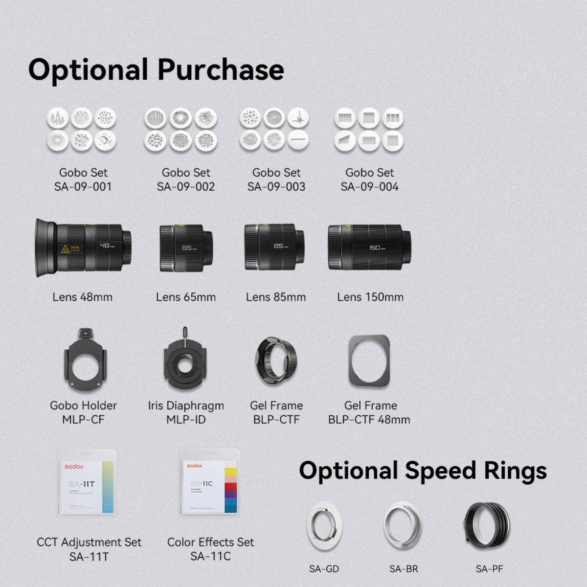 Optional Purchase

Gobo Set SA-09-001  
Gobo Set SA-09-002  
Gobo Set SA-09-003  
Gobo Set SA-09-004  

Lens 48mm  
Lens 65mm  
Lens 85mm  
Lens 150mm  

Gobo Holder MLP-CF  
Iris Diaphragm MLP-ID  
Gel Frame BLP-CTF  
Gel Frame BLP-CTF 48mm  

CCT Adjustment Set SA-11T  
Color Effects Set SA-11C  

Optional Speed Rings  
SA-GD  
SA-BR  
SA-PF