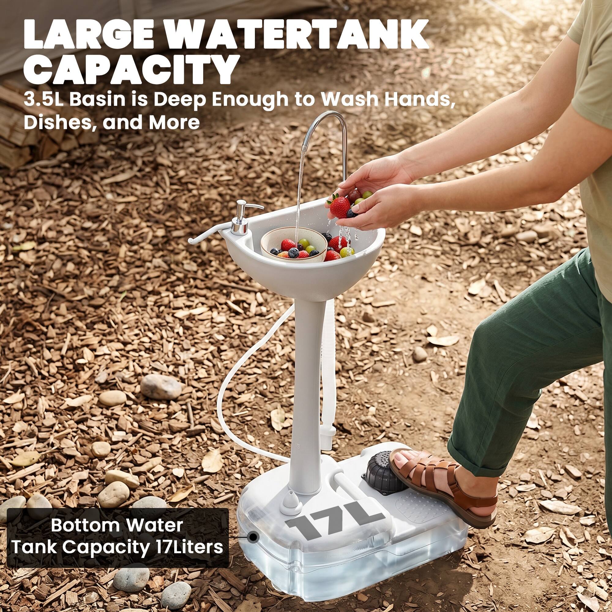 LARGE WATERTANK CAPACITY  
3.5L Basin is Deep Enough to Wash Hands, Dishes, and More  
Bottom Water Tank Capacity 17Liters