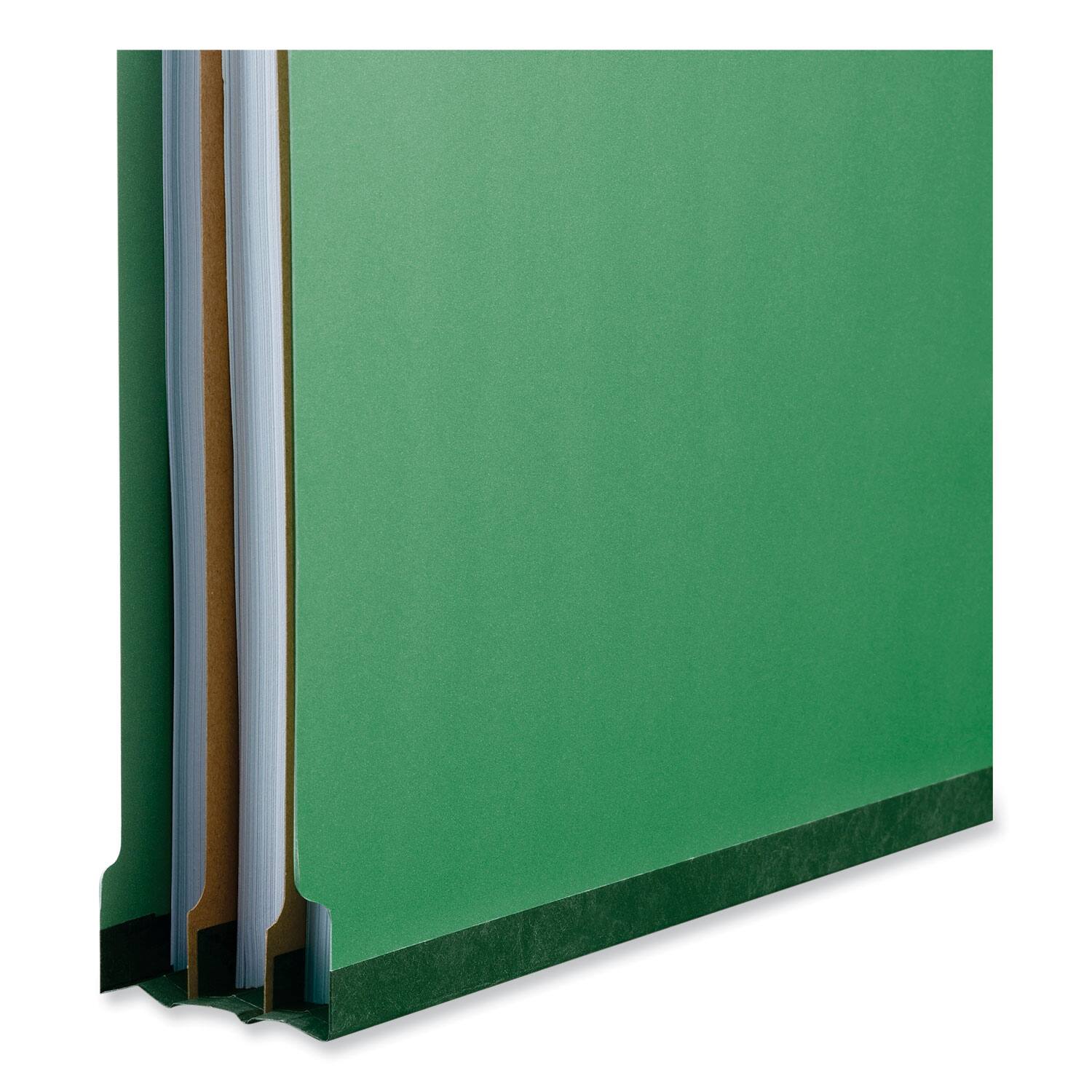 Left. Universal - Bright Colored Pressboard  Folders, 2" Expansion, 2 Dividers, 6 Fasteners, Legal Size, Emerald Green, 10/Box.