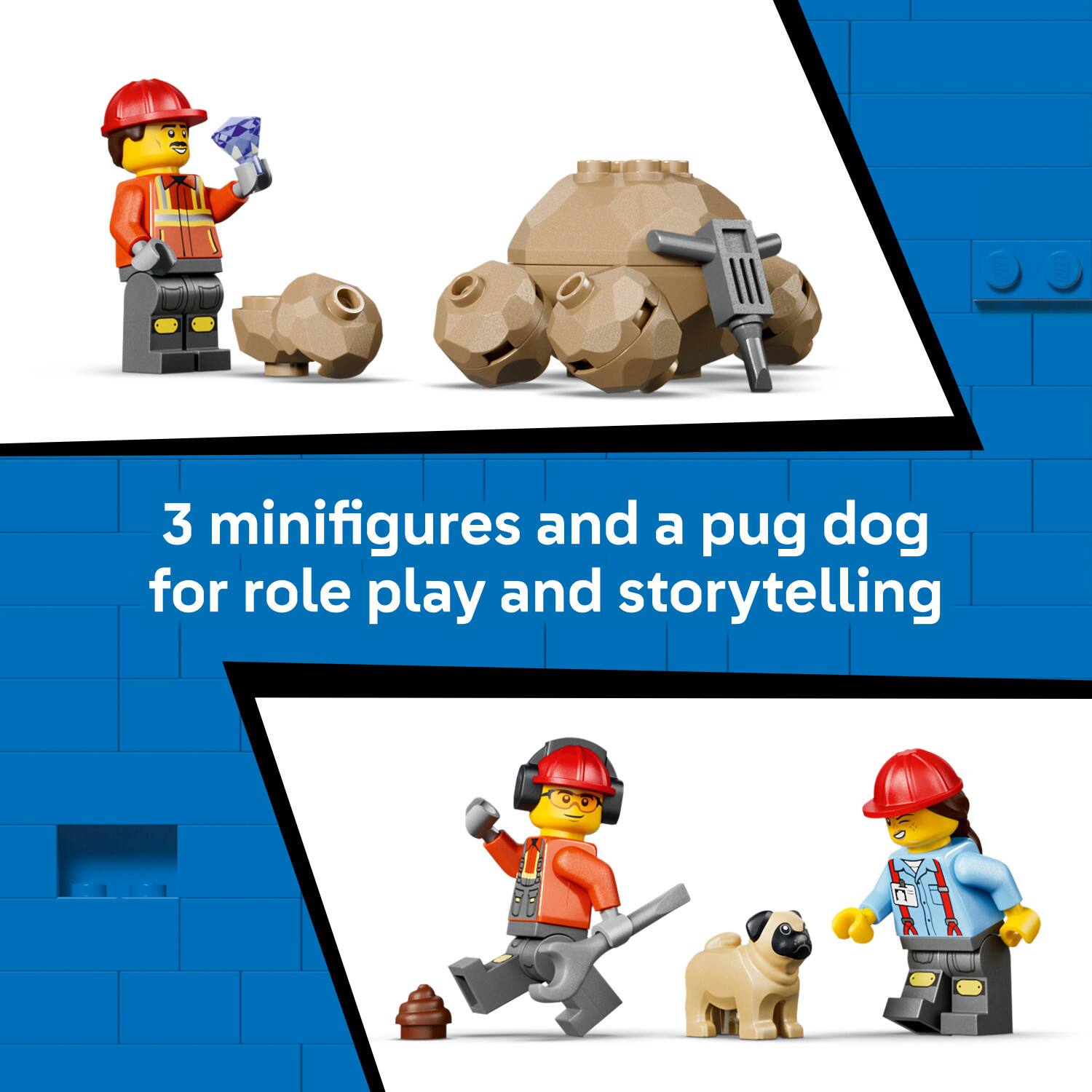 3 minifigures and a pug dog for role play and storytelling