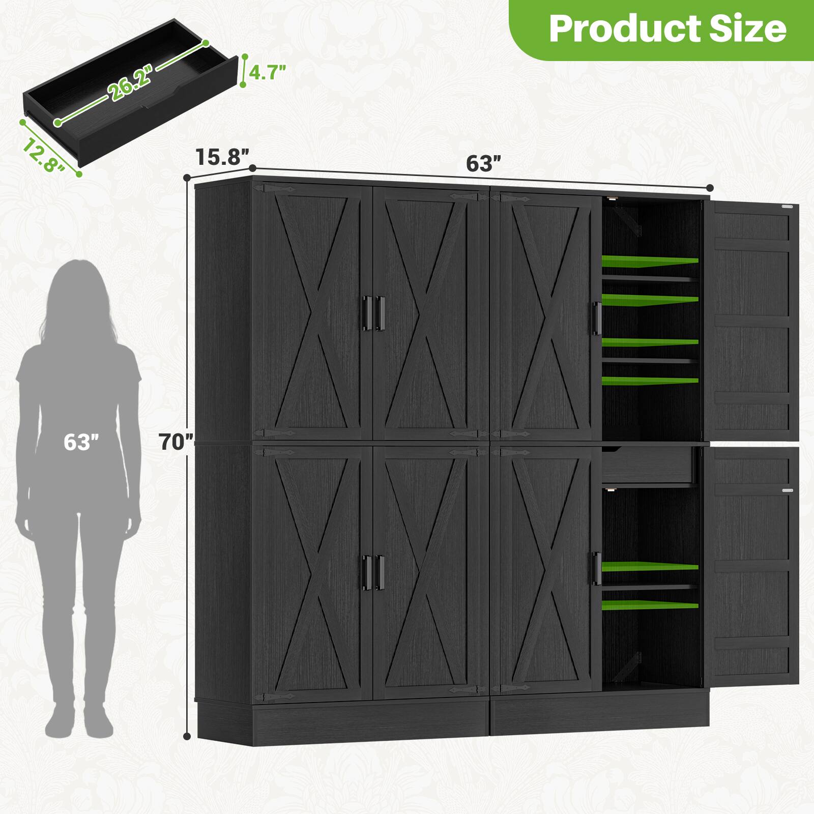 12.8" 26.2" 4.7" 15.8"  
Product Size  
63" 63" 70"