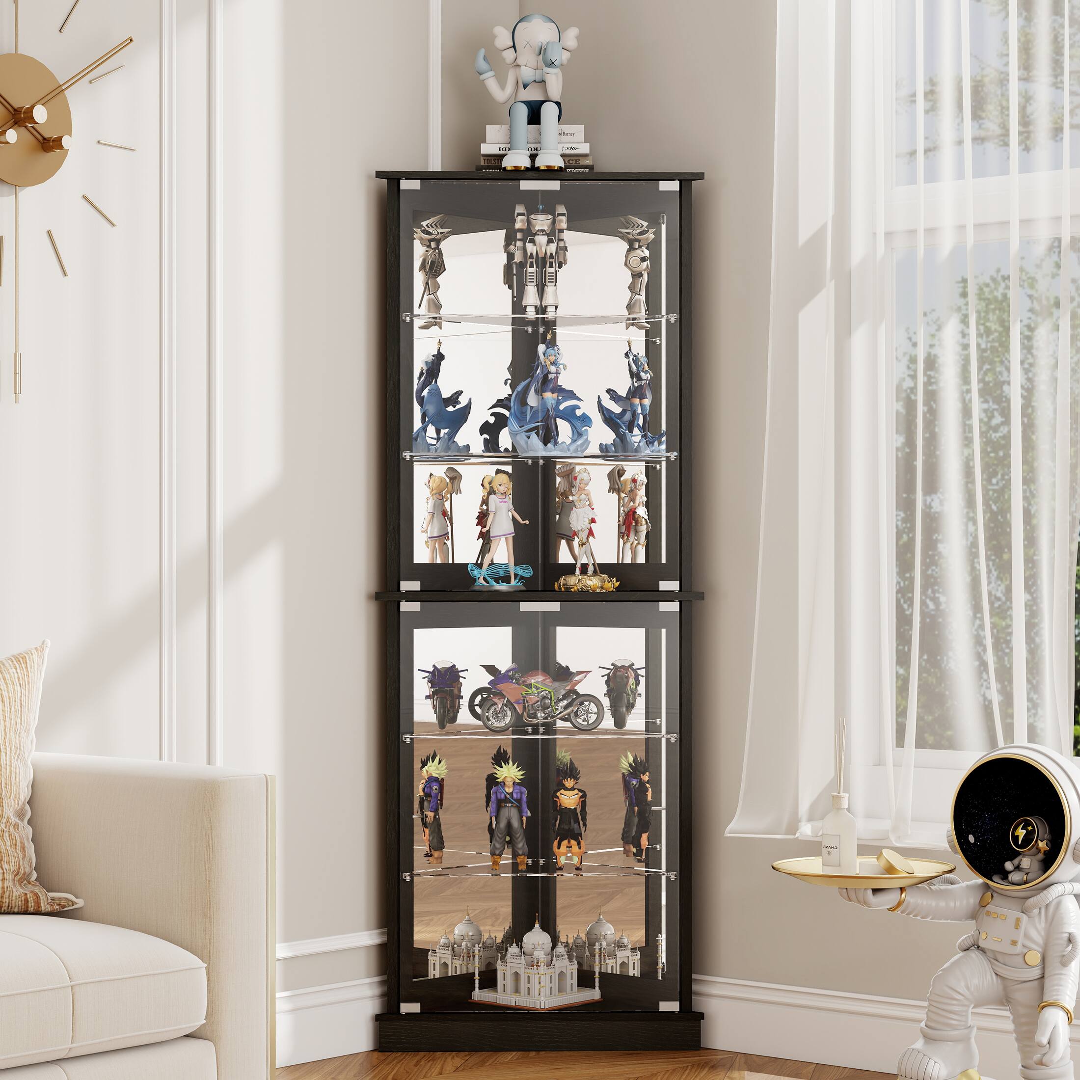 The image does not contain any visible text to group or correct. It shows a display cabinet with various figurines and collectibles, but there are no discernible words or text present.