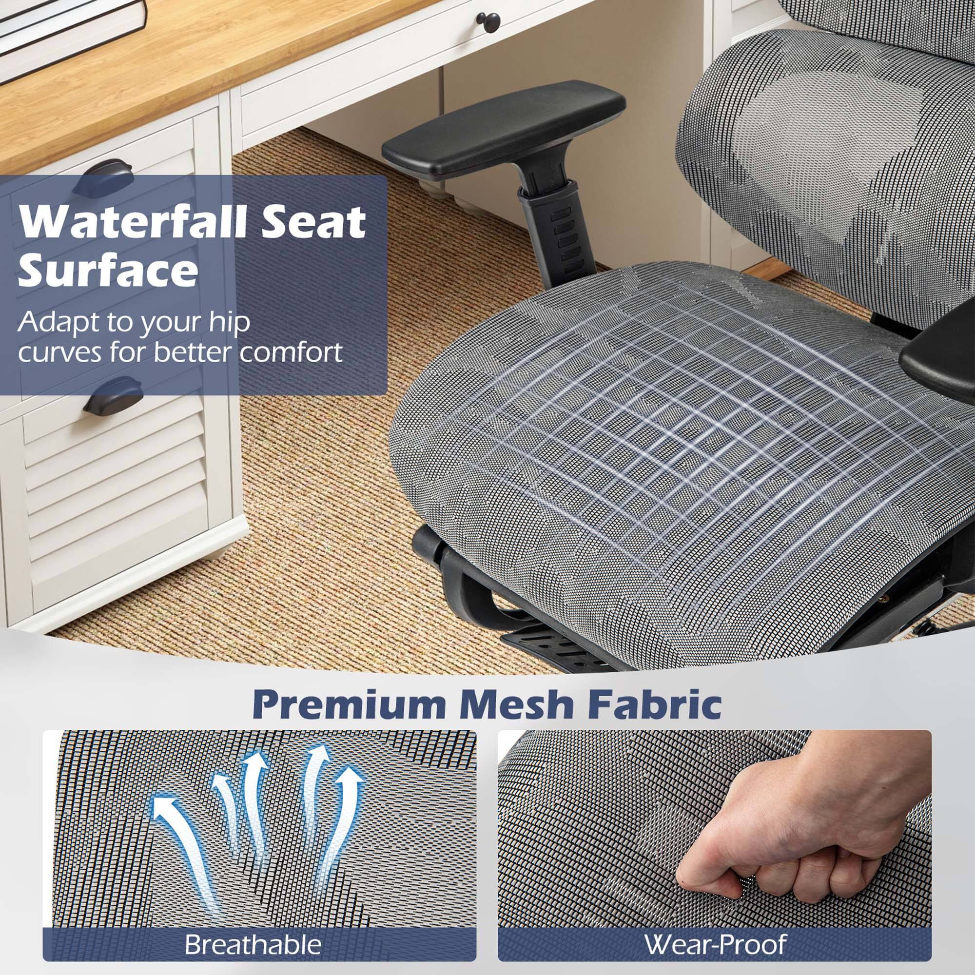 Waterfall Seat Surface, Adapt to your hip curves for better comfort, Premium Mesh Fabric, Breathable, Wear-Proof