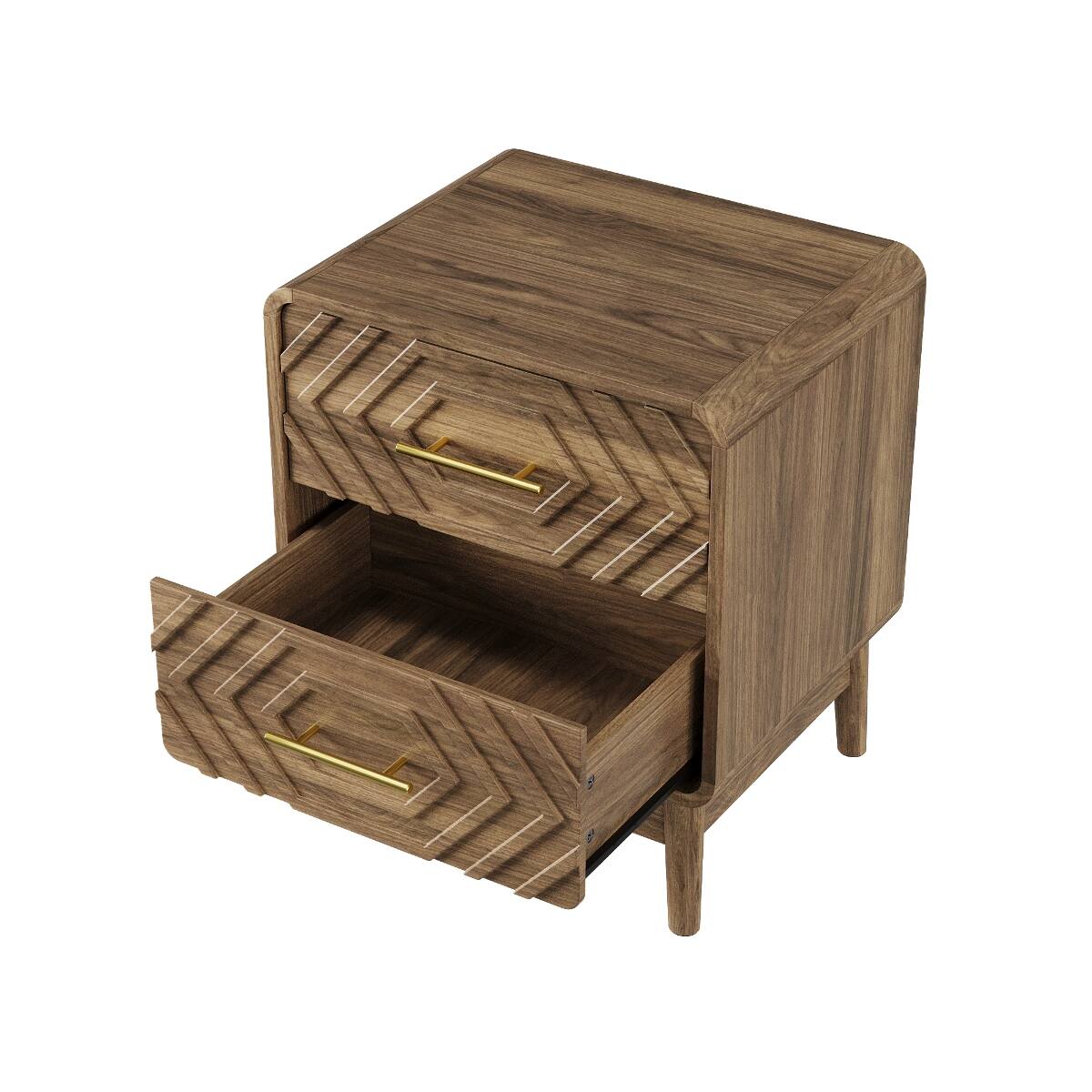 Alt View 10. Loheer - Loheer Walnut Bedside Table, Two Drawer Nightstand with Solid Wood Legs for Bedroom - Walnut.